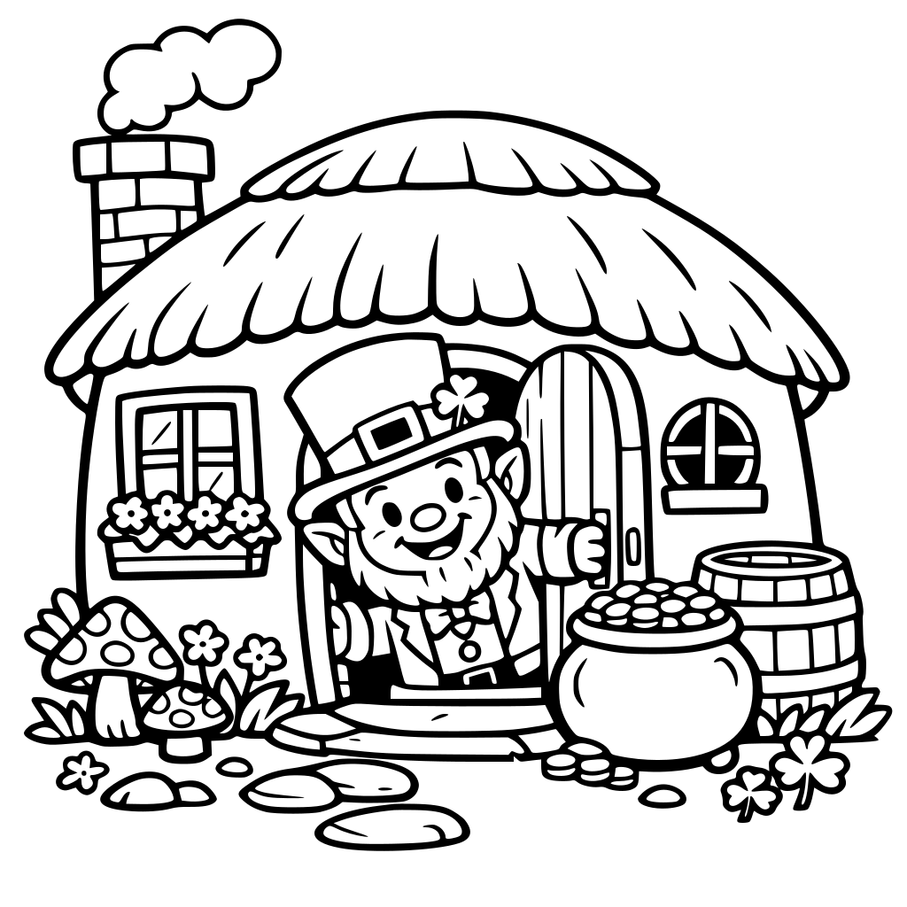Square coloring book page that is black and white with a cute friendly leprechaun. He is peeking out the front door of a little cottage with smoke coming out of the chimney. Fill the whole page with great detail. Simple art bold and easy cartoon style.