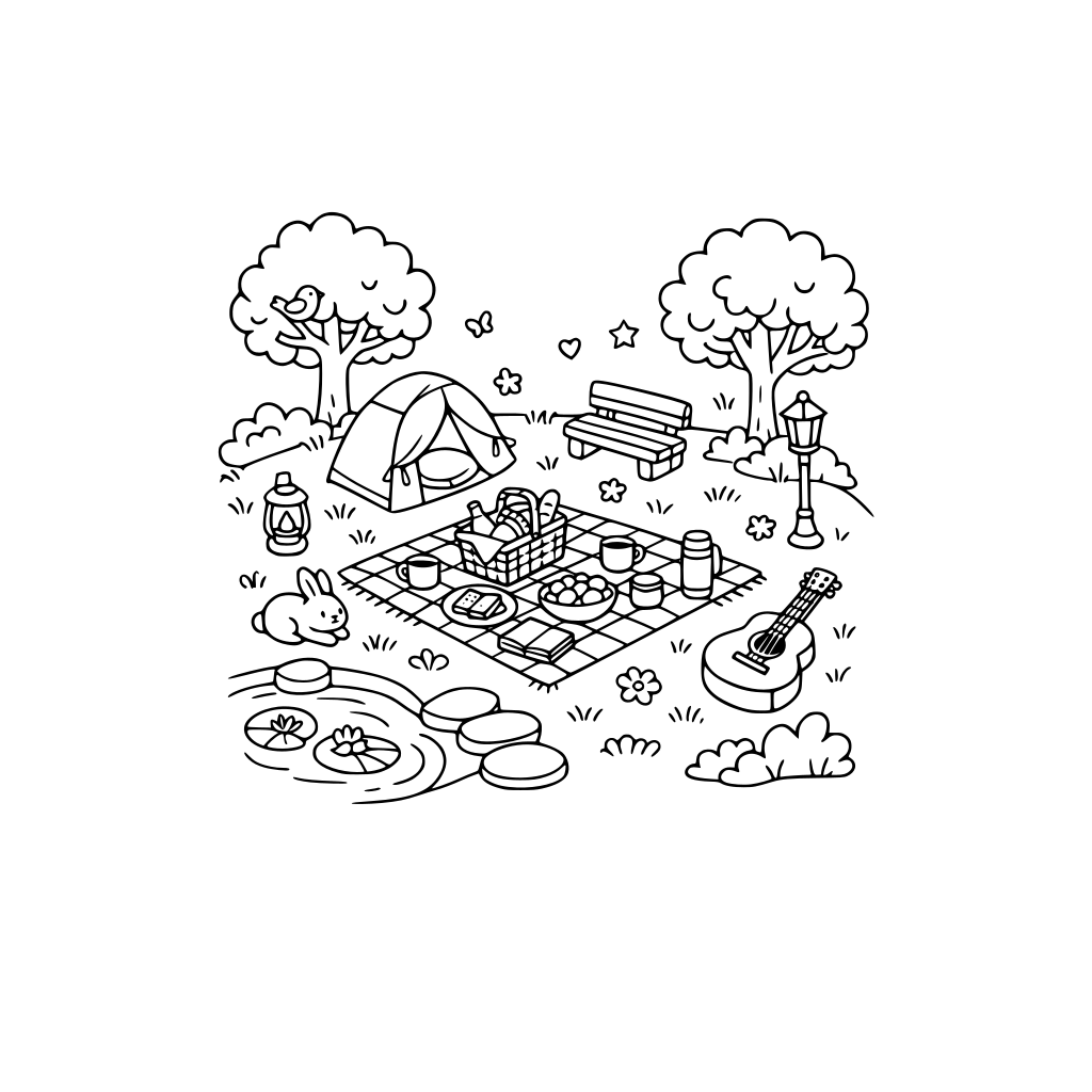 hygge style, cute and cozy, 3d isometric peaceful park picnic