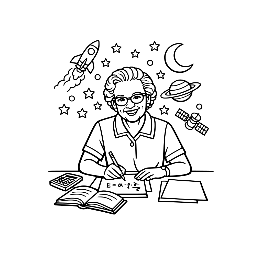 Katherine Johnson at a desk solving math problems, smiling and focused, simple desk and paper outlines, light space-themed hint in background