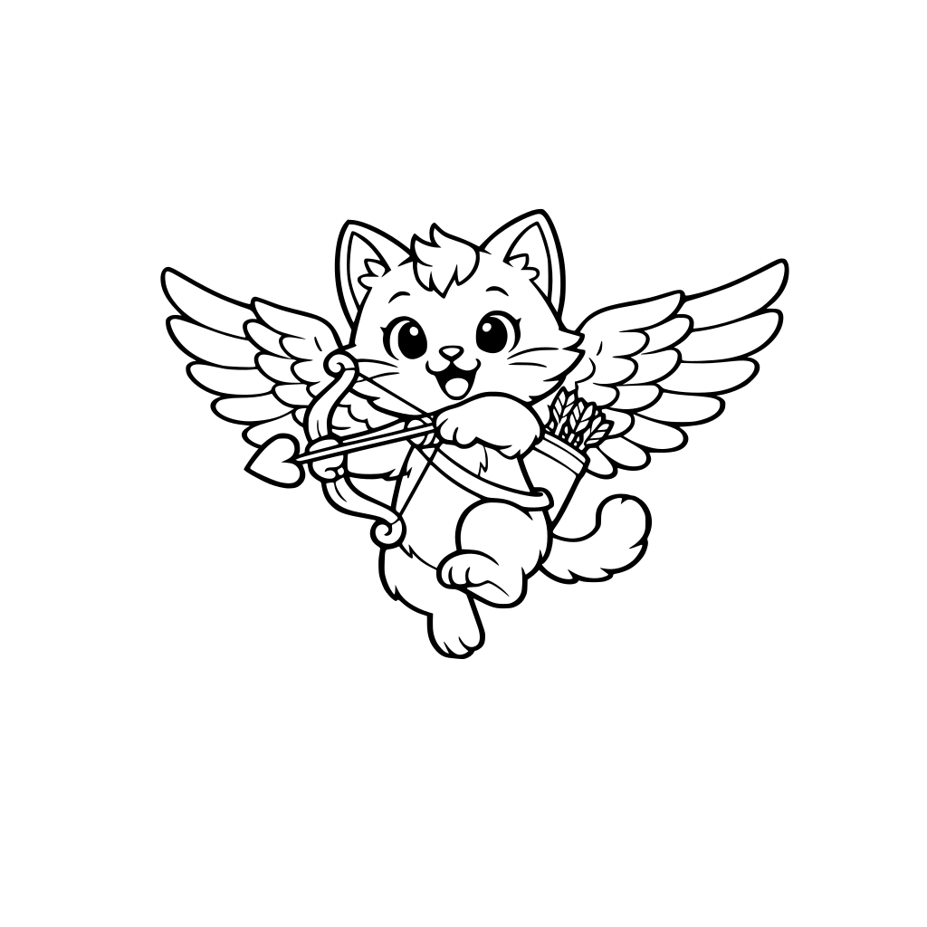 Cartoon cupid cat with large wings and a heart bow and arrow