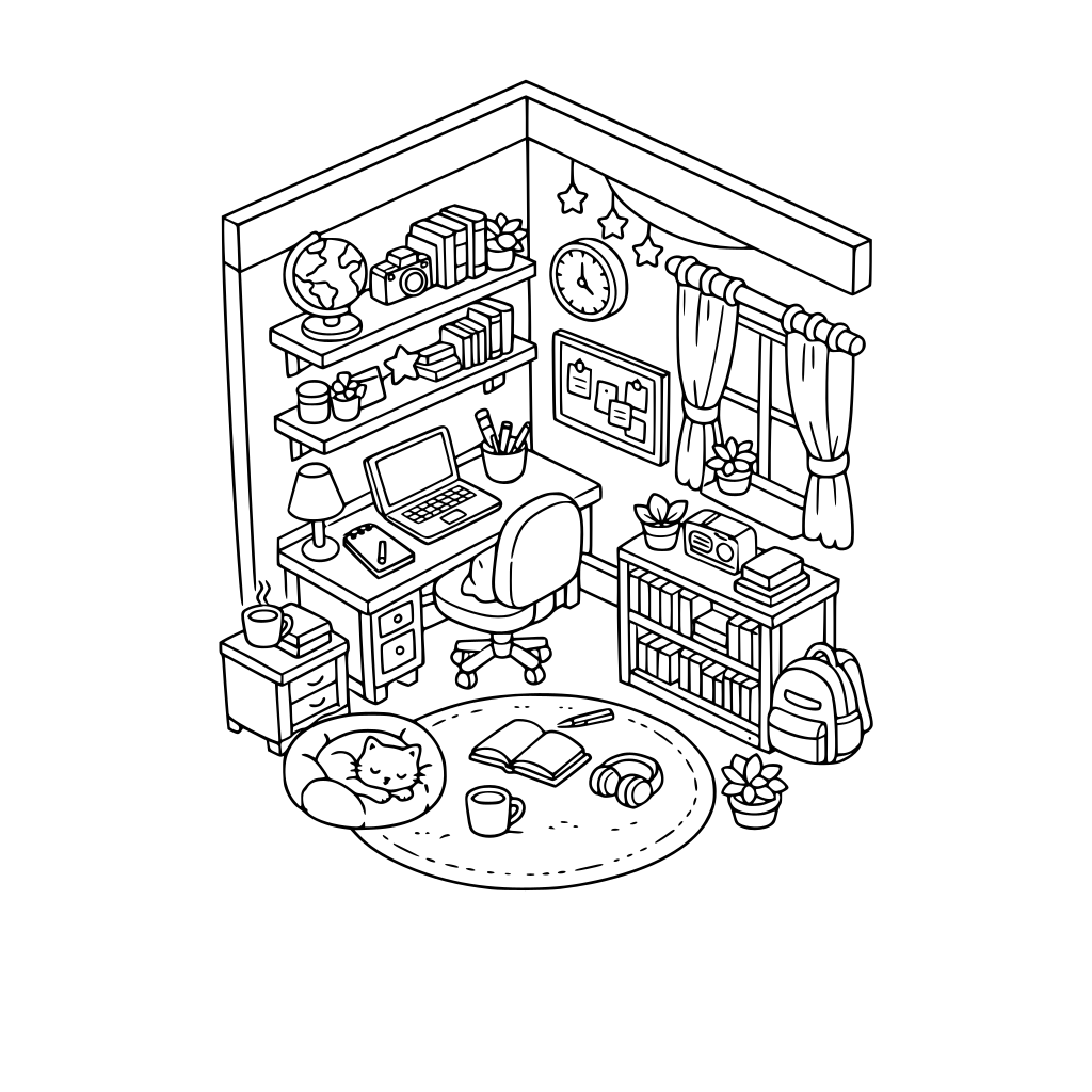 cute and cozy study room, corner, 3d isometric