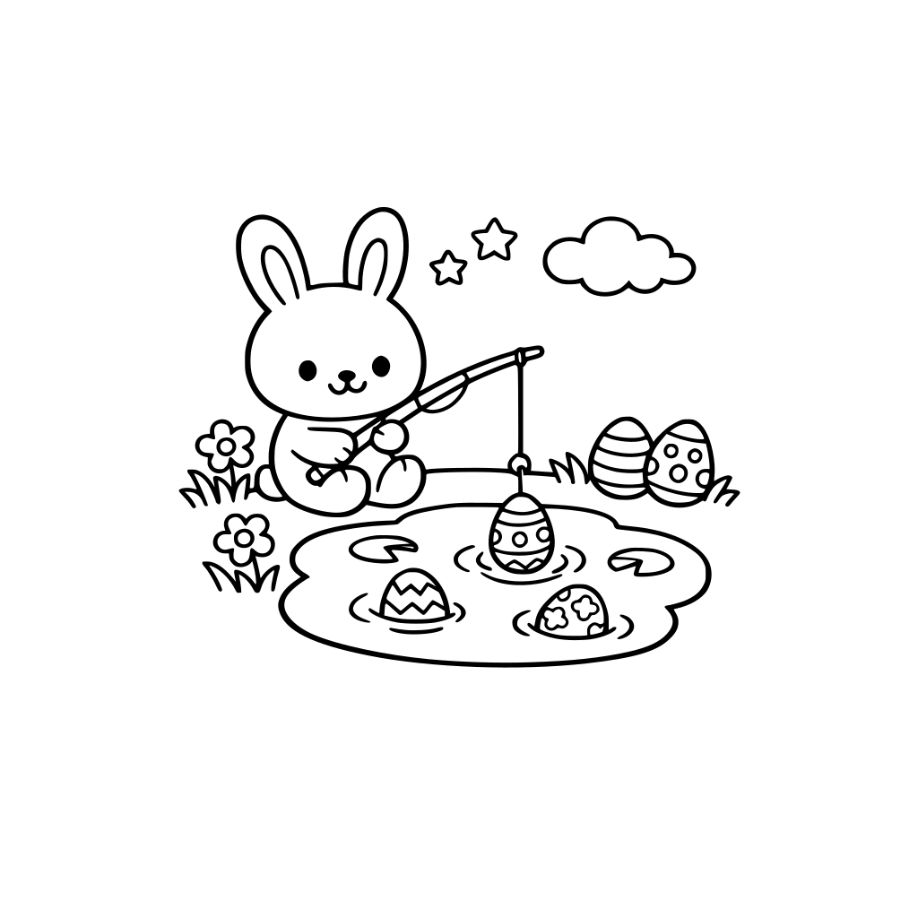 Bunny fishing Easter eggs from a pond with a fishing rod, cute simple coloring book page, toddler friendly, thick bold outlines, very simple shapes, minimal details,