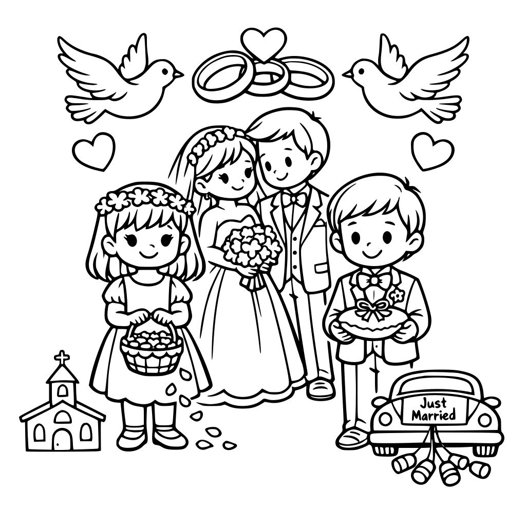 Livro para daminhas e pajens com desenho tema casamento