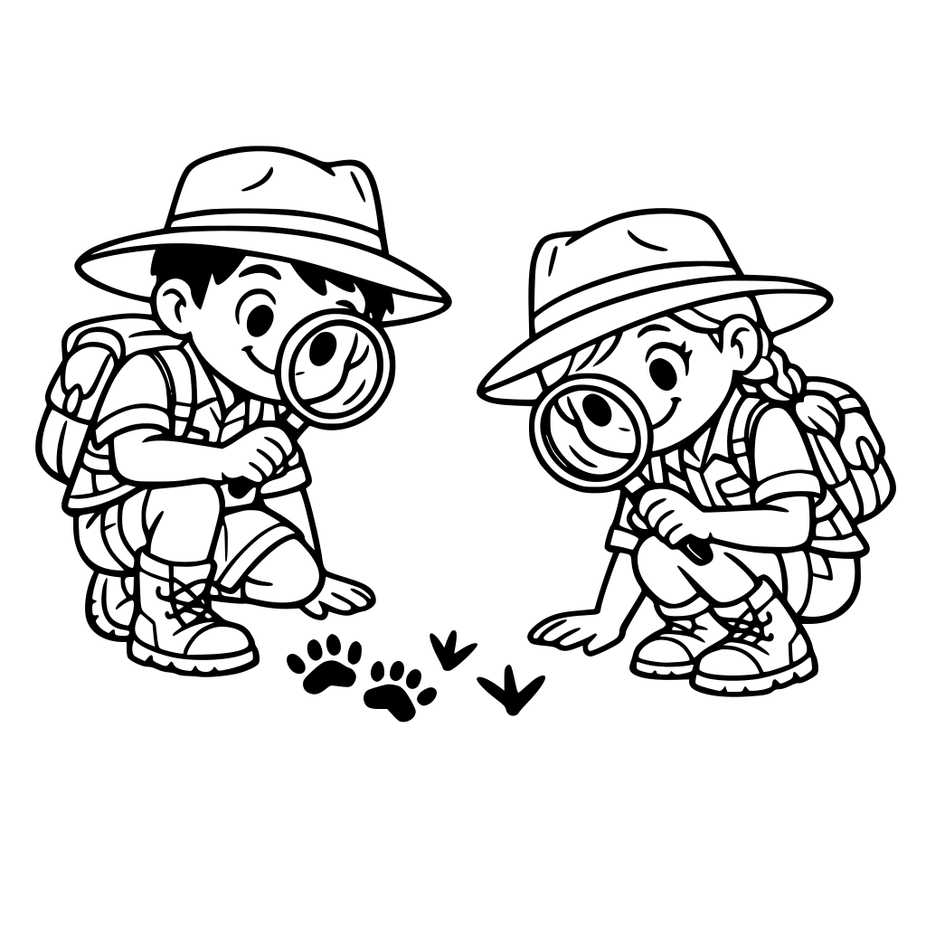 QUIERO UN EXPLORADOR Y UNA EXPLORADORA VESTIDOS CON UN SOMBRERO, UNA HERMILLA, BOTAS... CON UNA LUPA MIRANDO Y BUSCANDO HUELLAS DE ANIMALES.