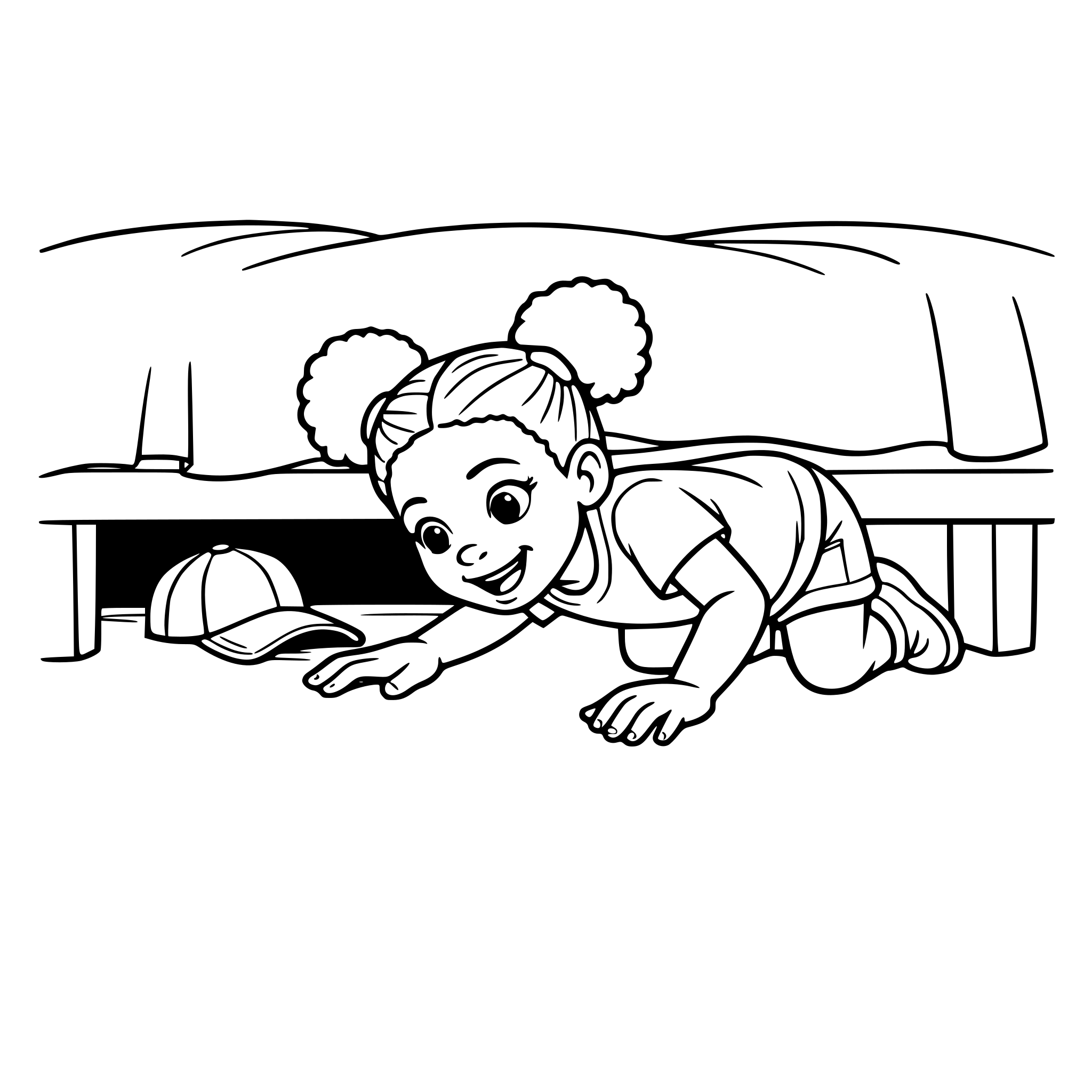Create an image of a young african american girl looking under her bed for her hat. She sees it under the bed. The hat is far back under the bed. Girl's eyes are life like normal. White background, isolated.