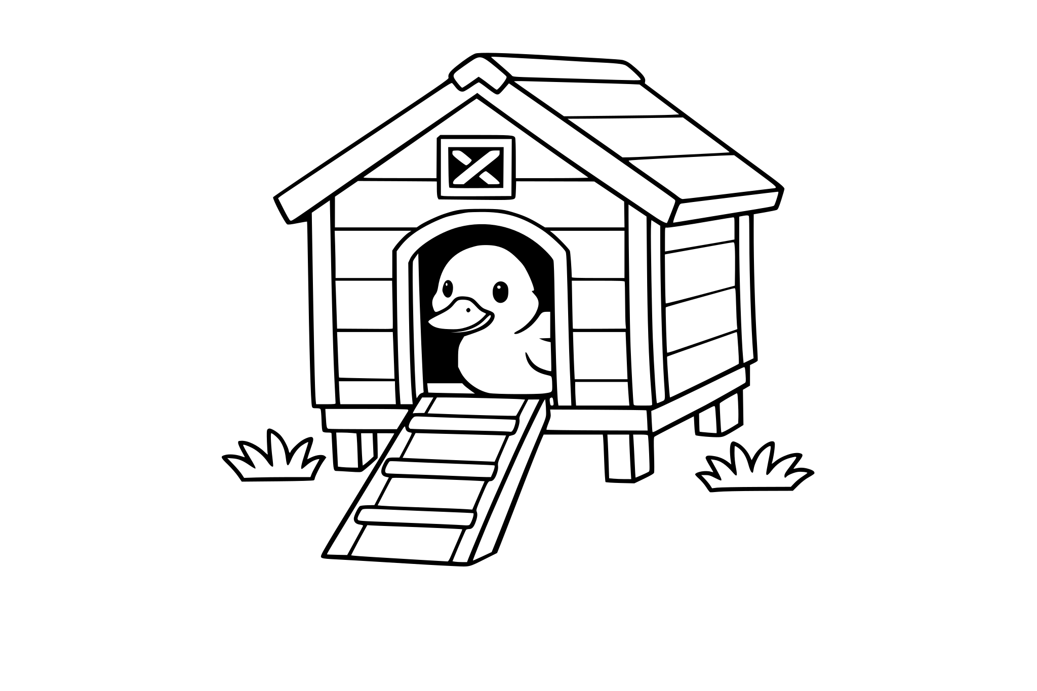 I want in image of a duck house with an open door and a litt