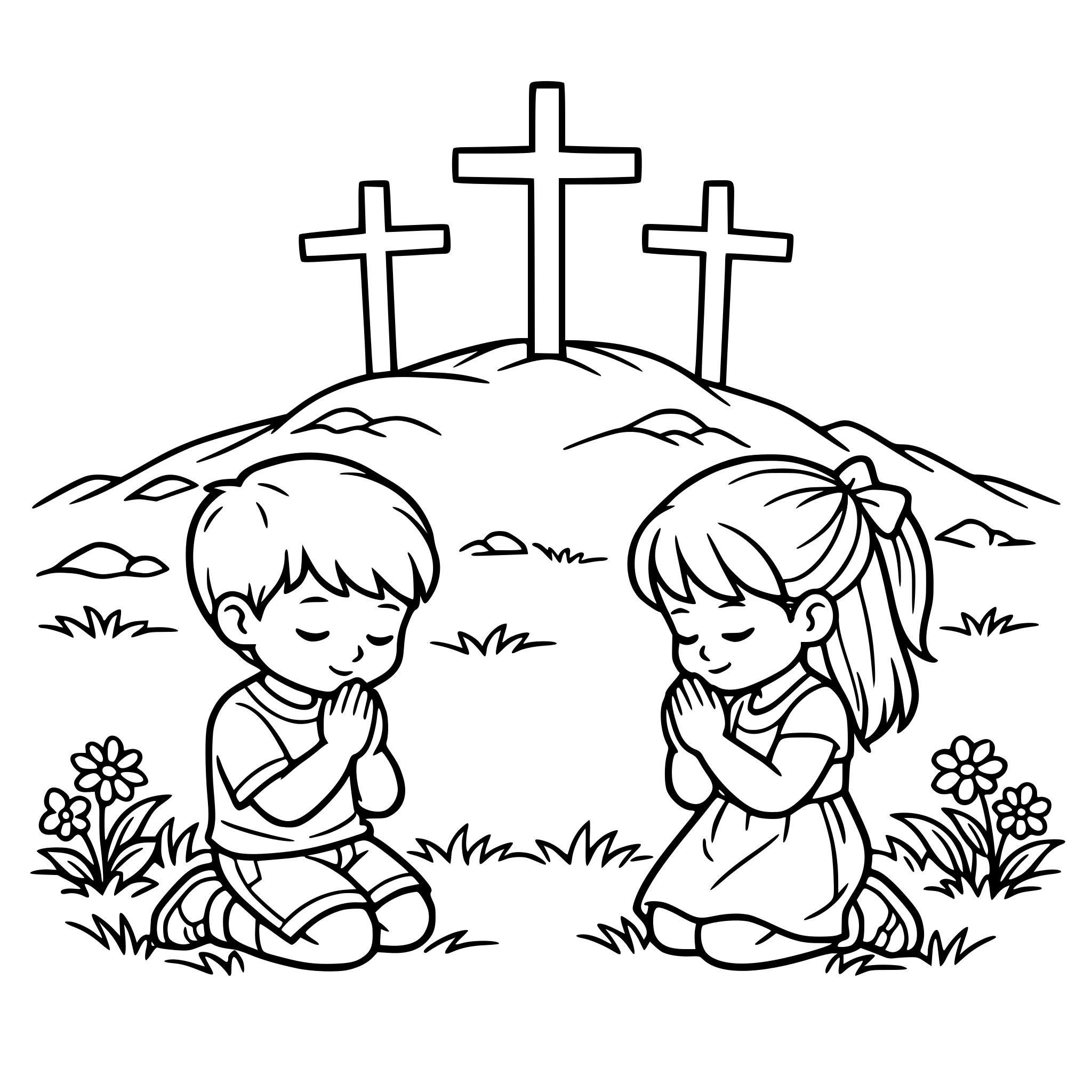 Create an image of three empty crosses on a hill, include la