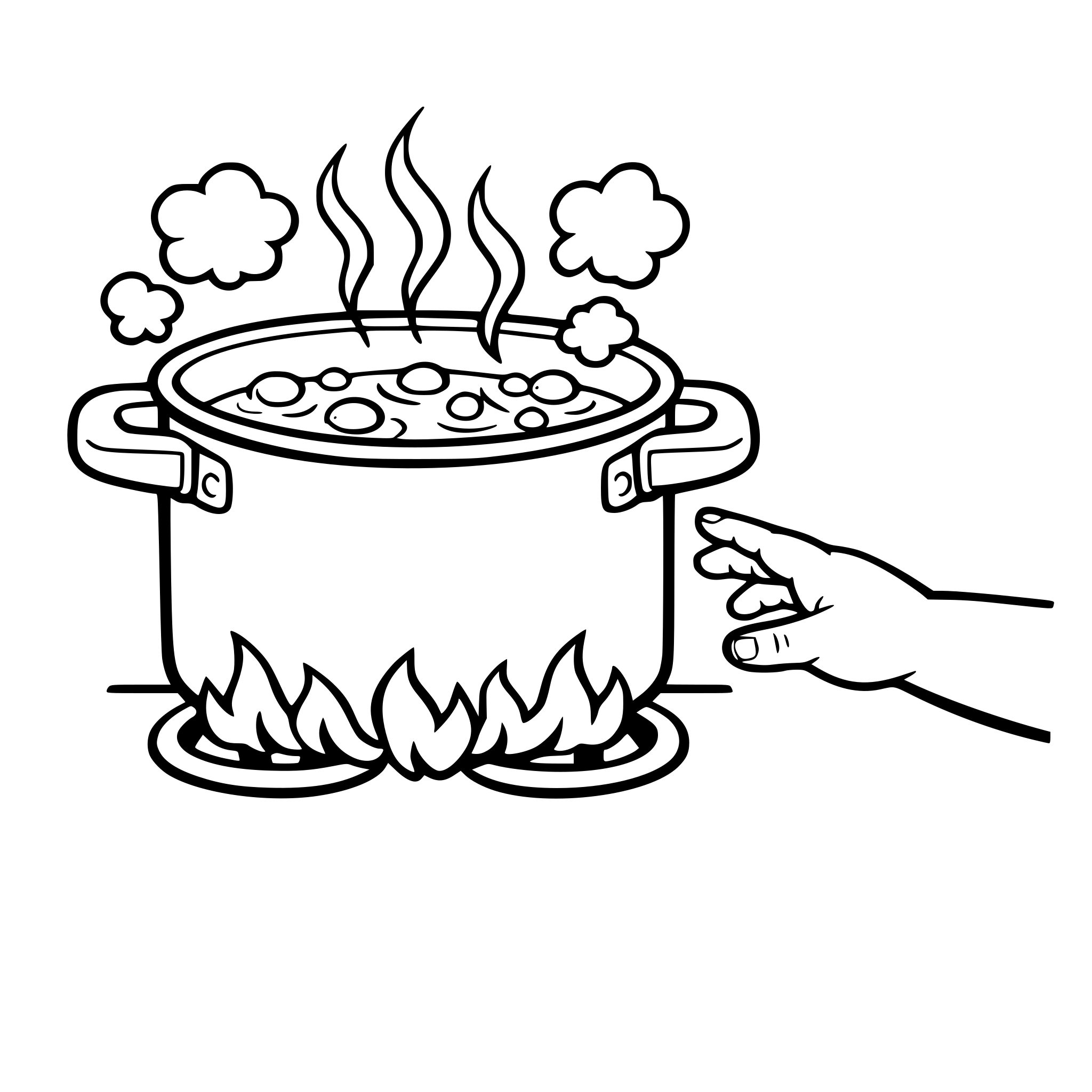 A child's hand about to touch a boiling how pot of water. White background, isolated.