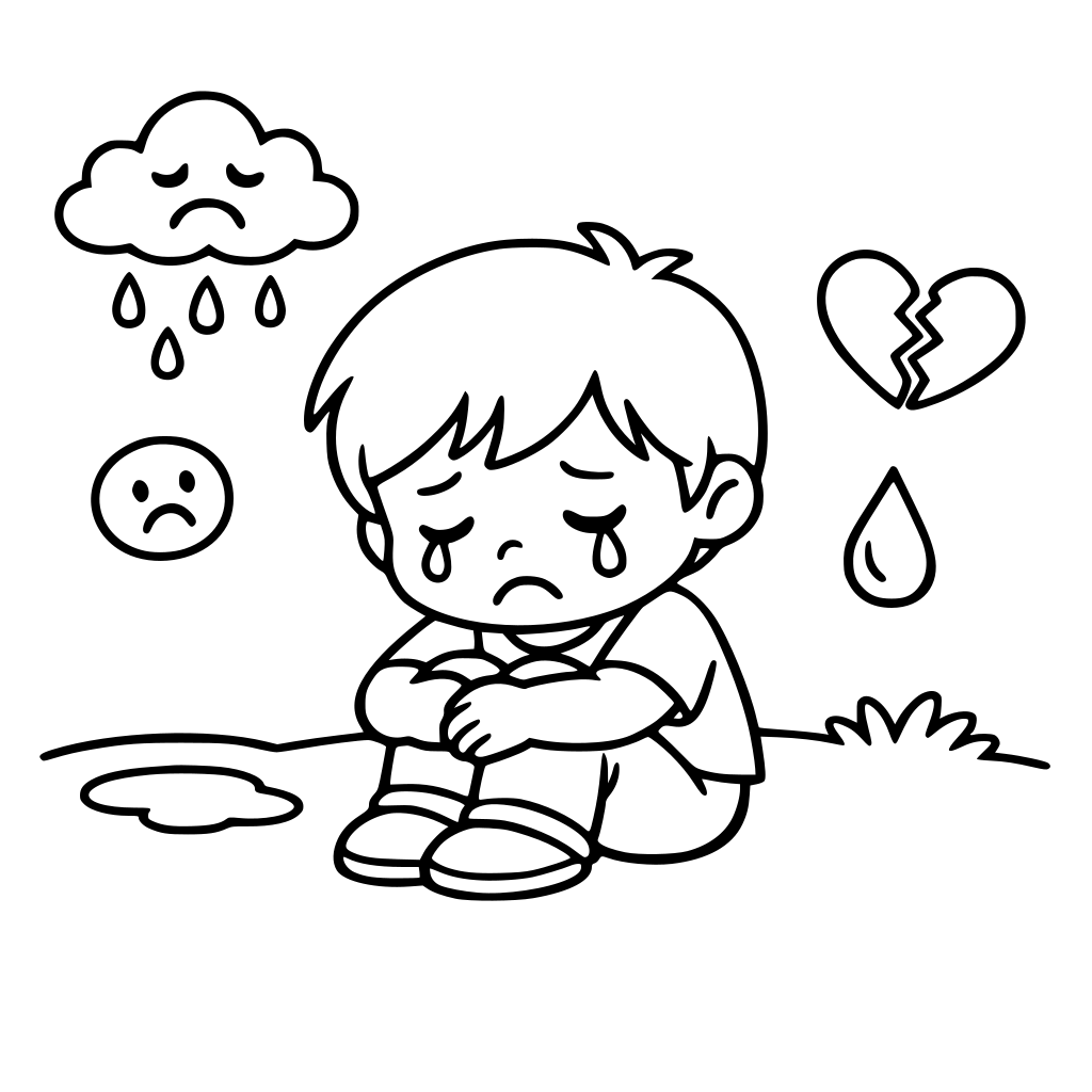 Je veux un coloriage sur les émotions avec un enfant qui ressent de la tristesse et un fond mais c’est pour des enfants très petits donc pas bcp de détails et des zones larges à colorier