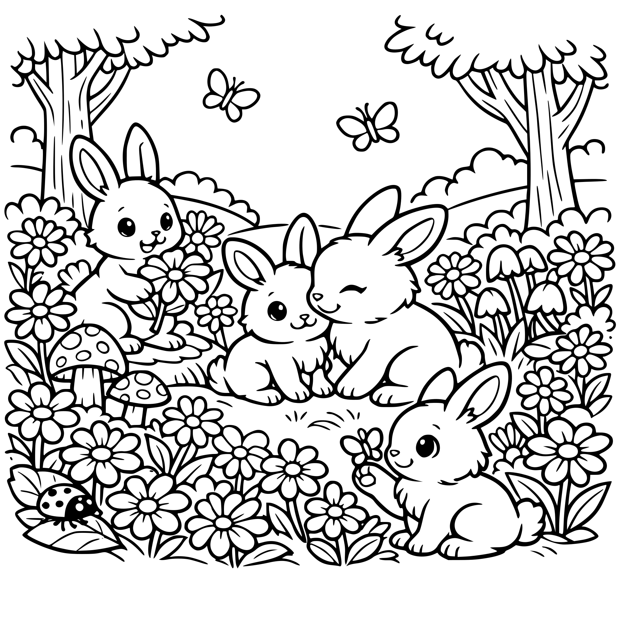 Nyuszikákat szeretnék egy erdőben sok virággal.