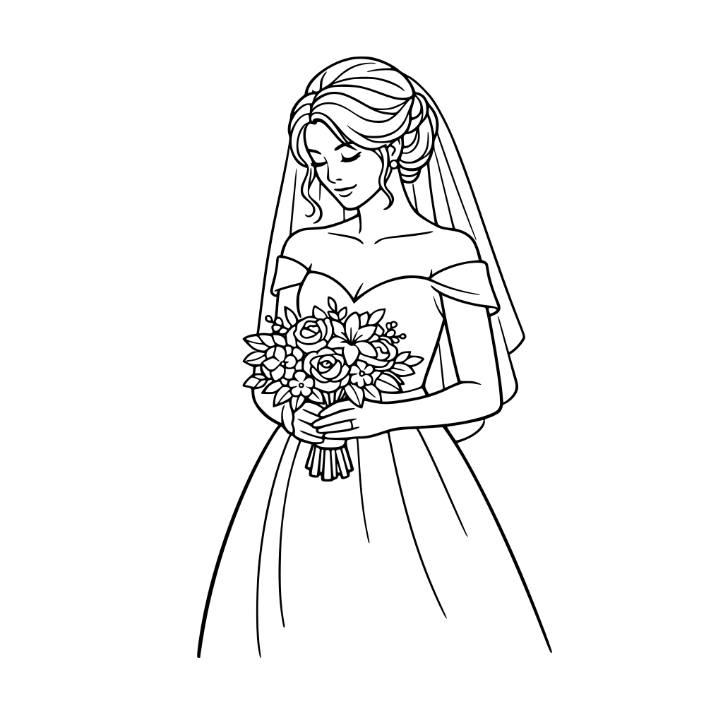 Elegant black and white line art illustration of a bride holding a bouquet, adult colouring book page, clean hand-drawn outlines, no shading, high contrast, white background, minimalist and calming style