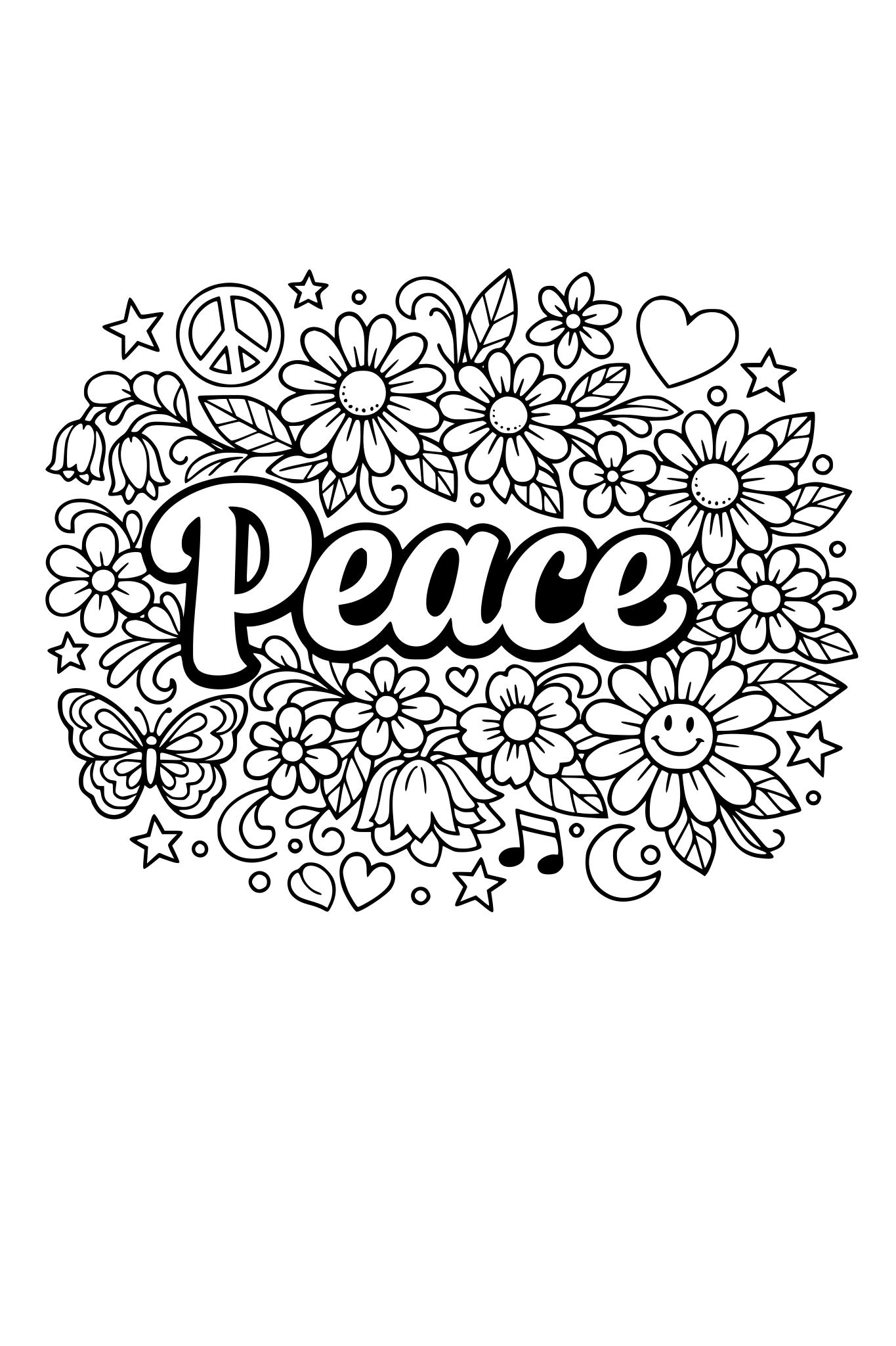 Beautiful hippy style flowers surrounding the word 'peace'