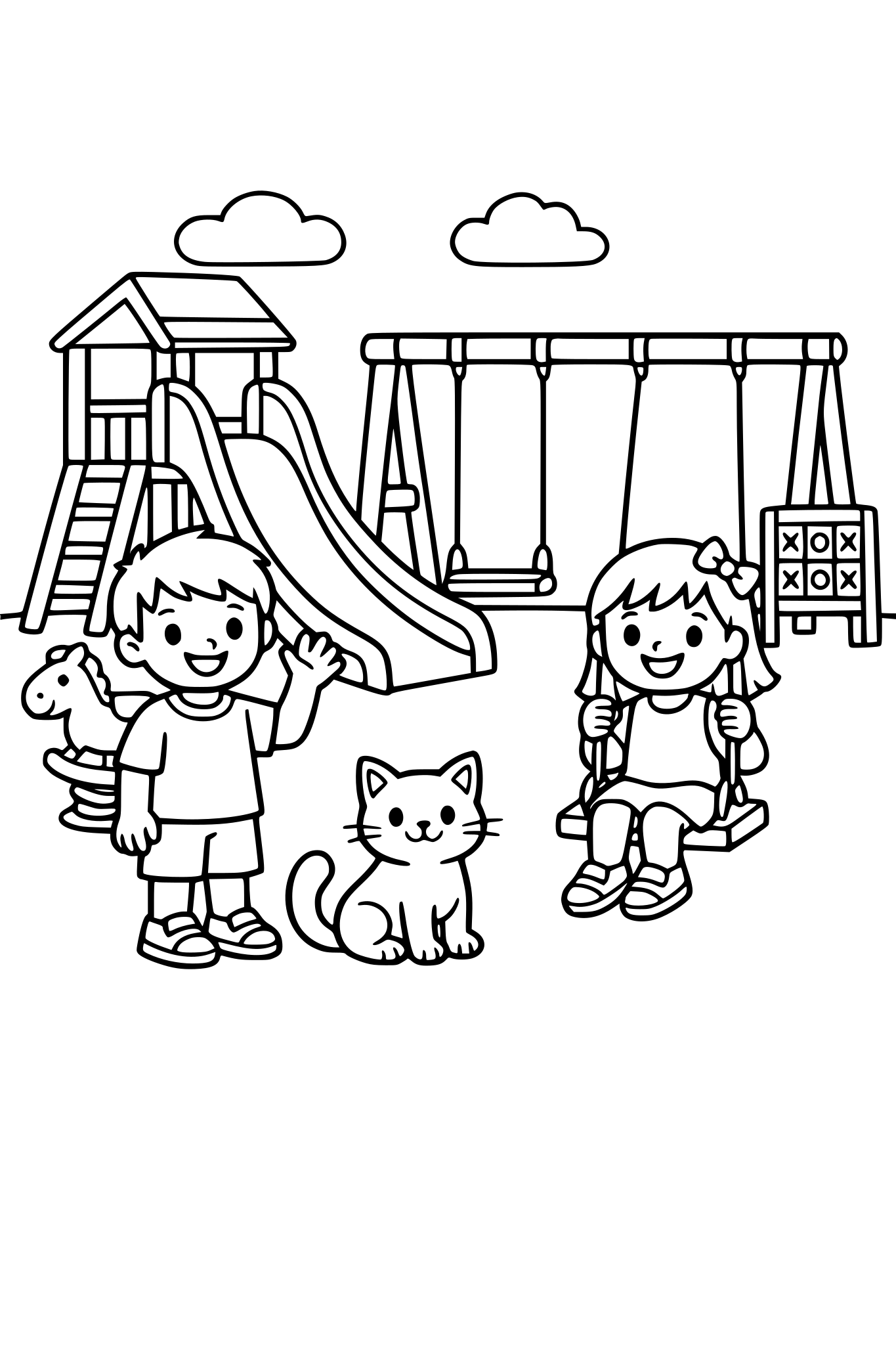 un niño, una niña y un gato en un parque con toboganes, columpios y juegos infantiles