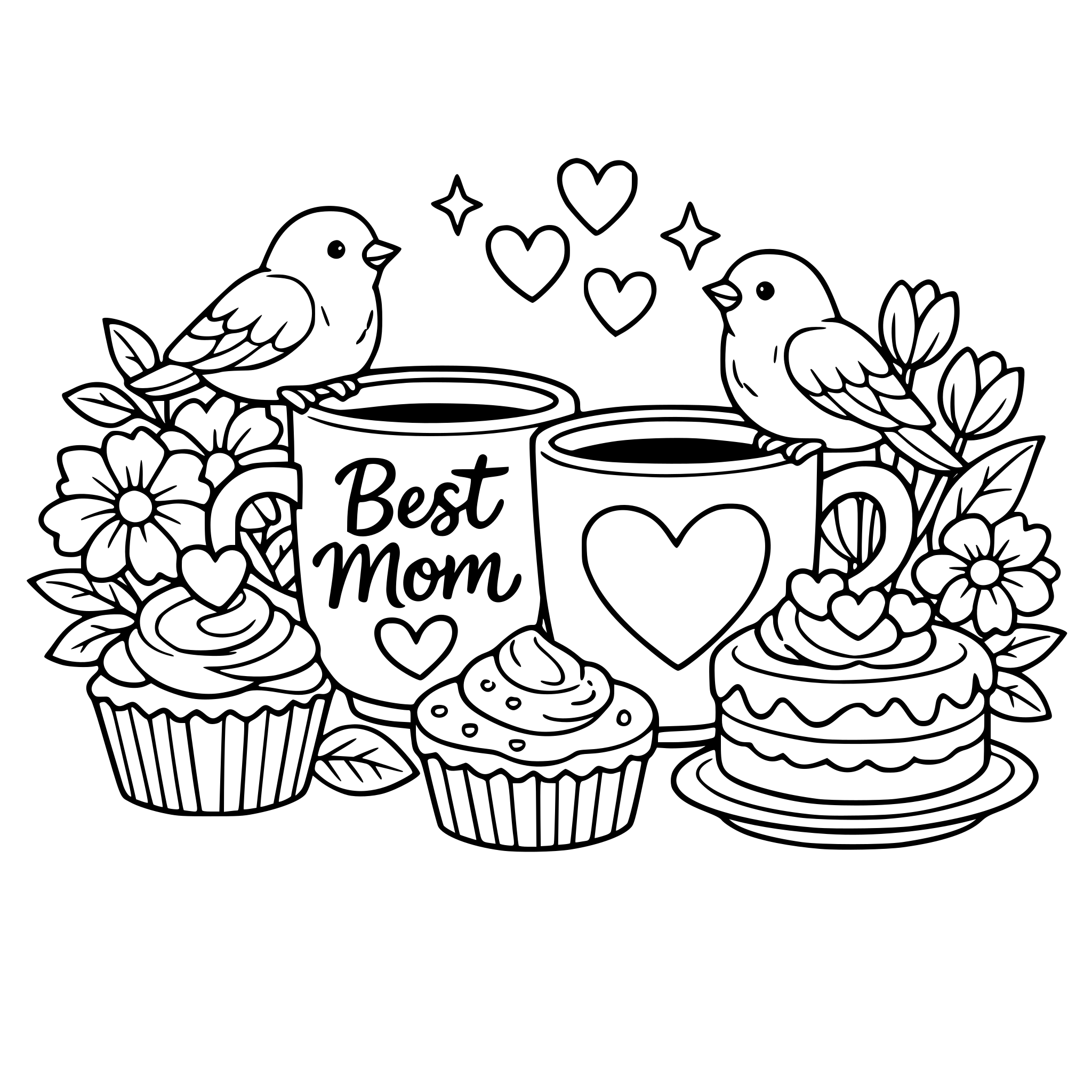 Mother's day theme with coffee mugs, birds, flowers, cake/cupcakes and florals