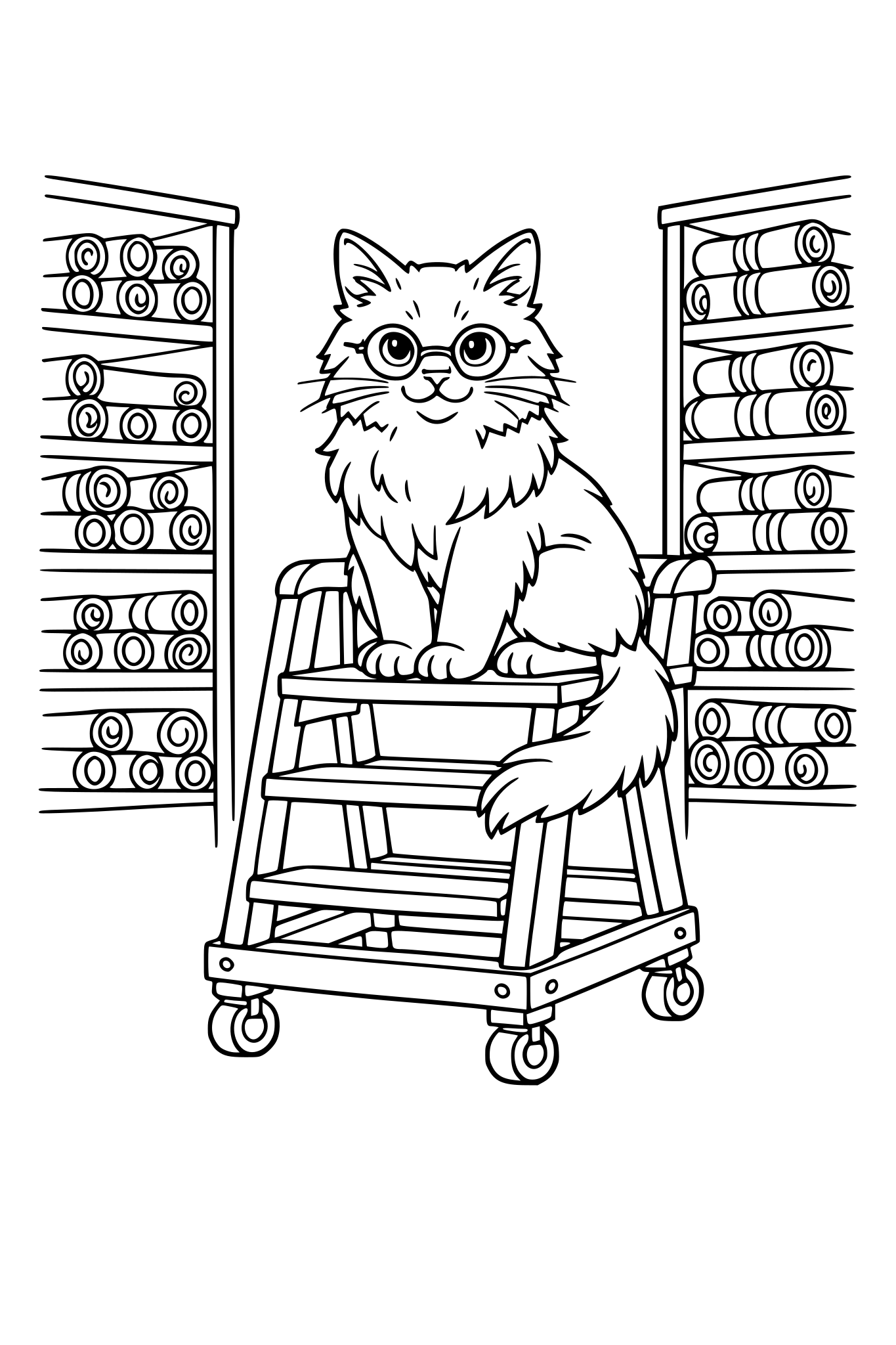 An intelligent-looking cat wearing tiny round spectacles sitting on a rolling wooden library ladder, surrounded by shelves of ancient scrolls. Fantasy coloring page style, clean bold line art. --no shading.