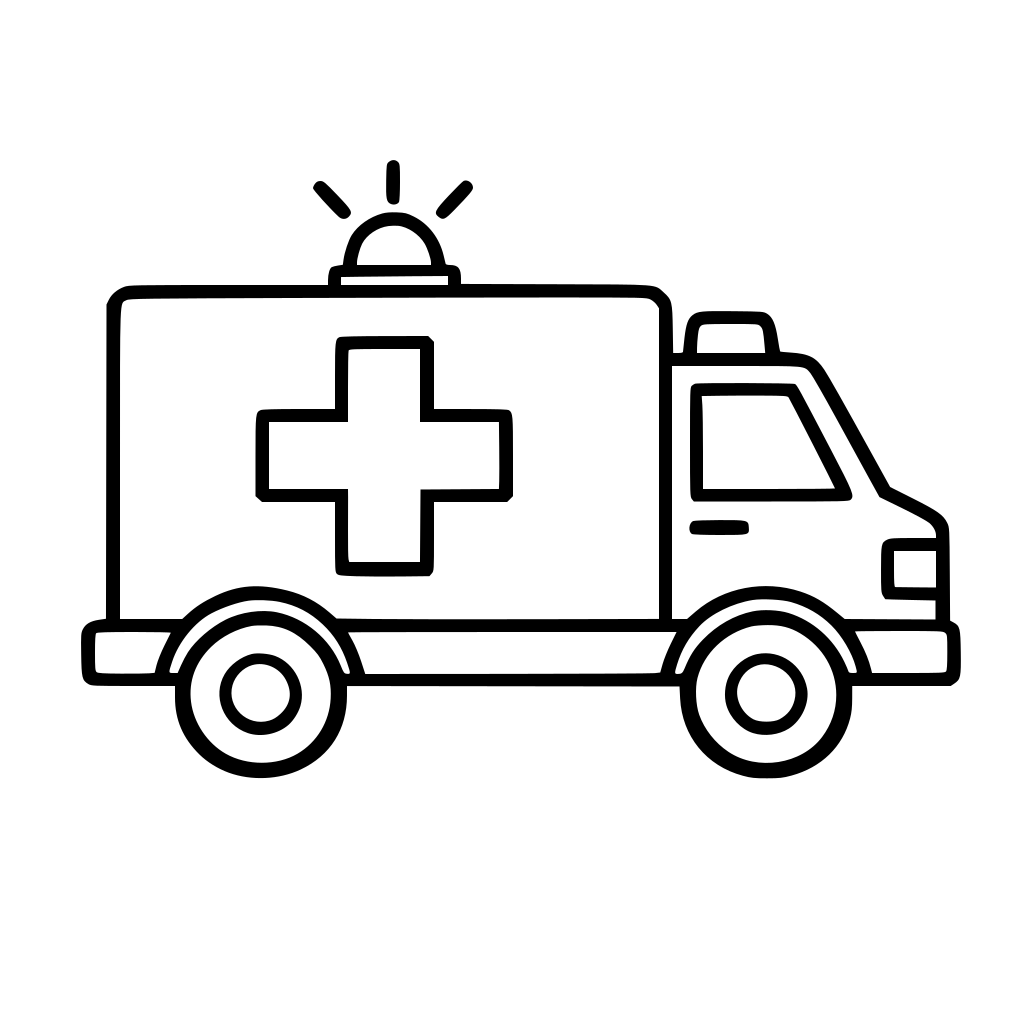 black and white simple ambulance with big cross symbol and round wheels, bold thick outlines, no shading, white background