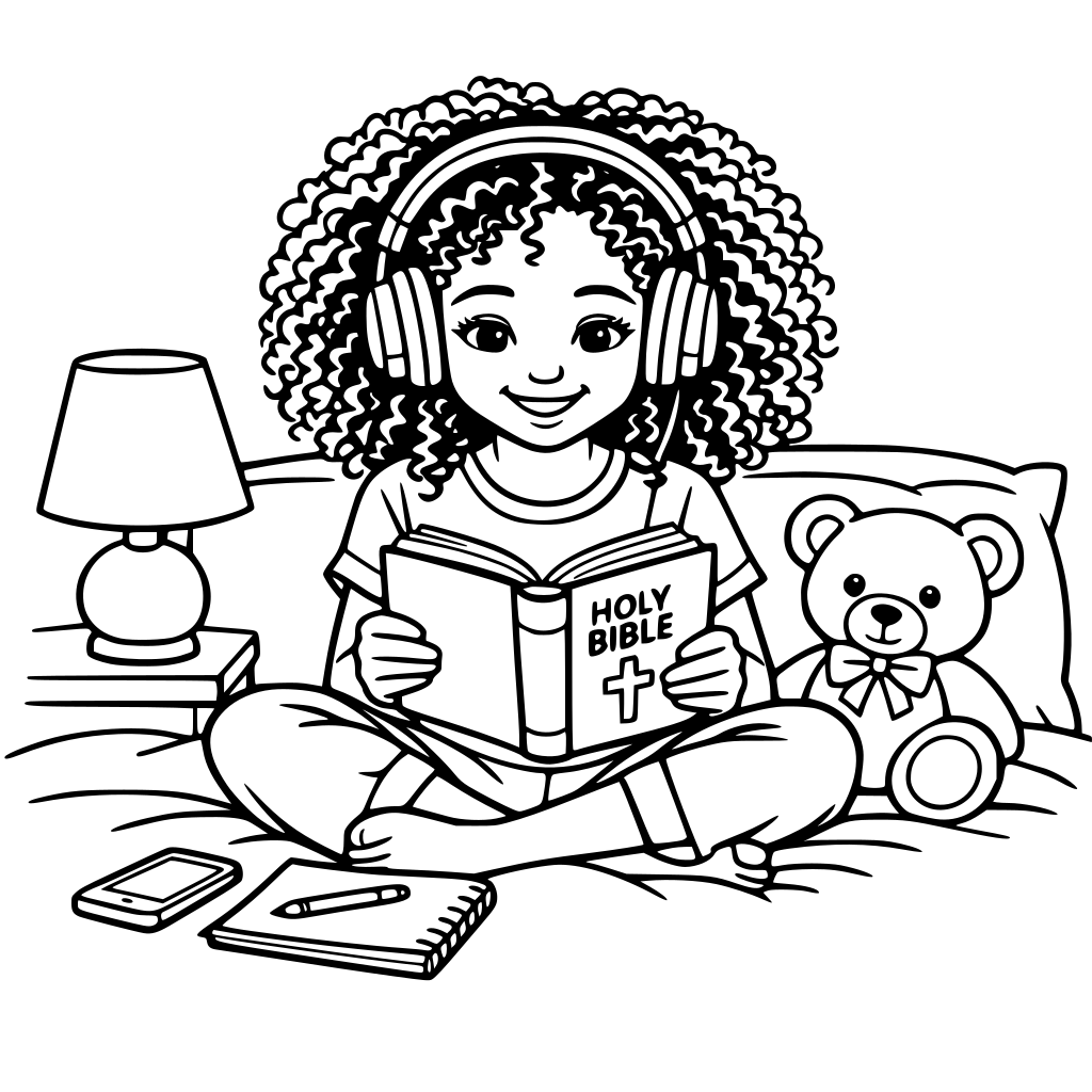 young girl biracial girl with kinky curly hair sitting in her room on her bed reading her bible with headphones on.