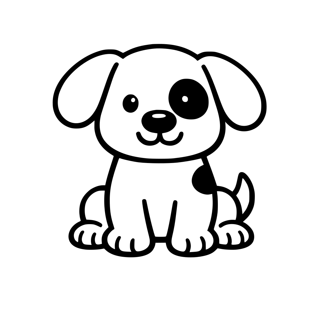 A simple cute dog coloring page for toddlers ages 2-5, black and white line art, thick bold outlines, large shapes, no shading, no background, centered image, easy to color, printable coloring book style