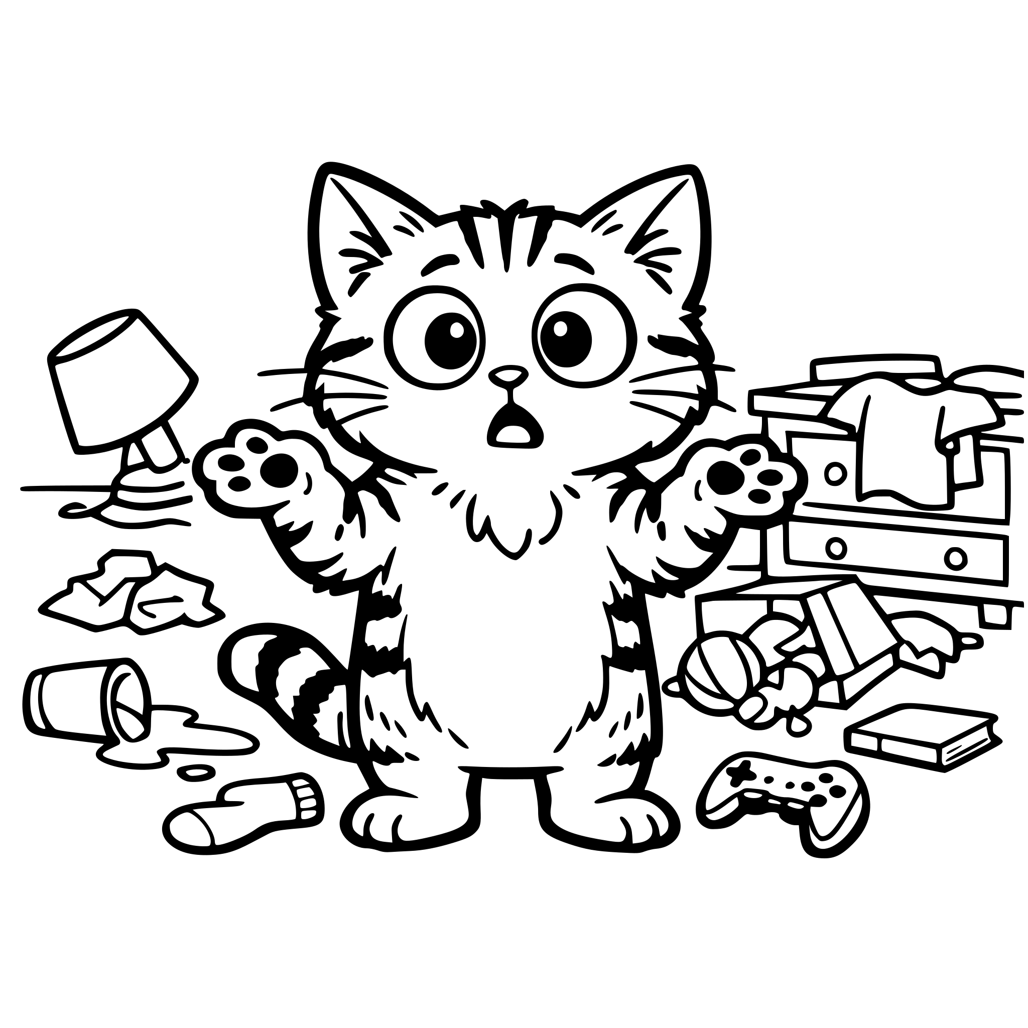 Cute confused cat standing upright with paws in the air, messy room behind it, wide surprised eyes, humorous expression, bold black outline, simple background.