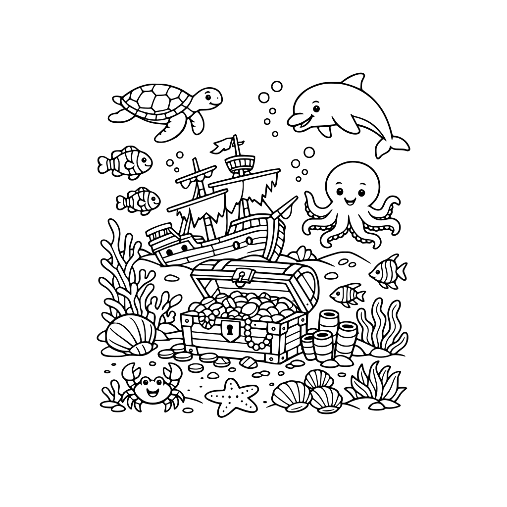 undeswater scene with animals, treasure chest, ship, coral reefs
