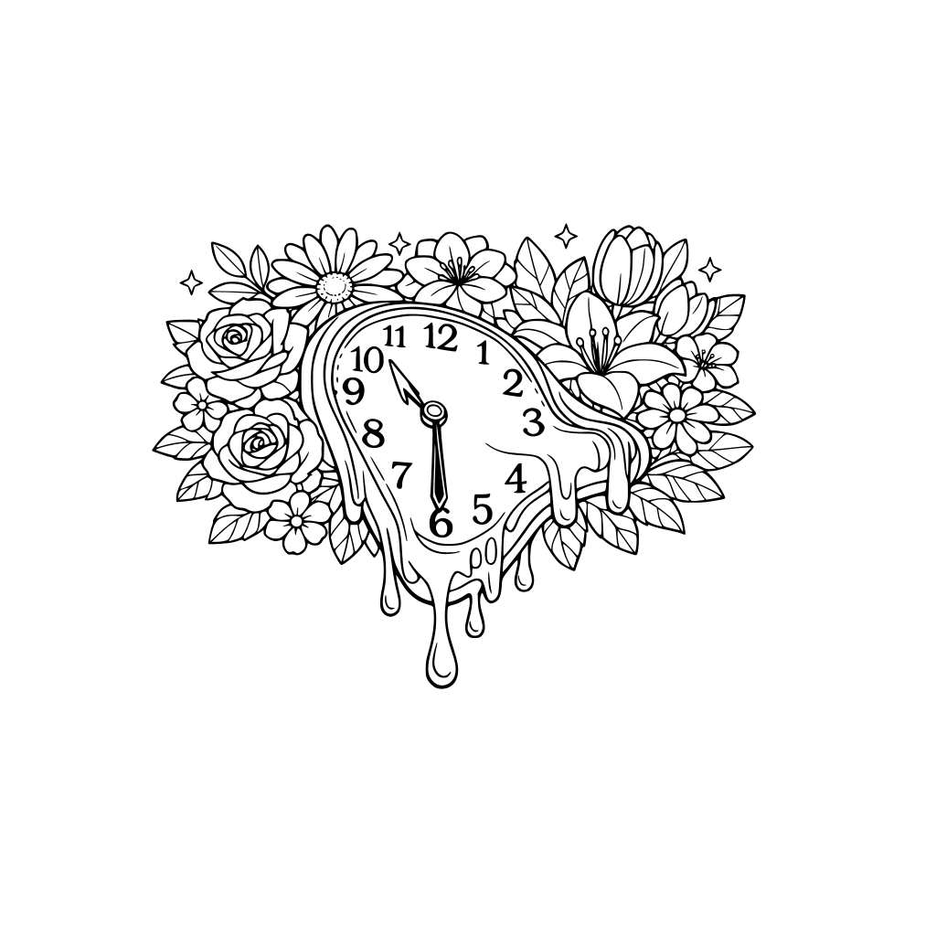 por favor dibuja un bouquet de flores, entre ellas un gran reloj que se está derritiendo