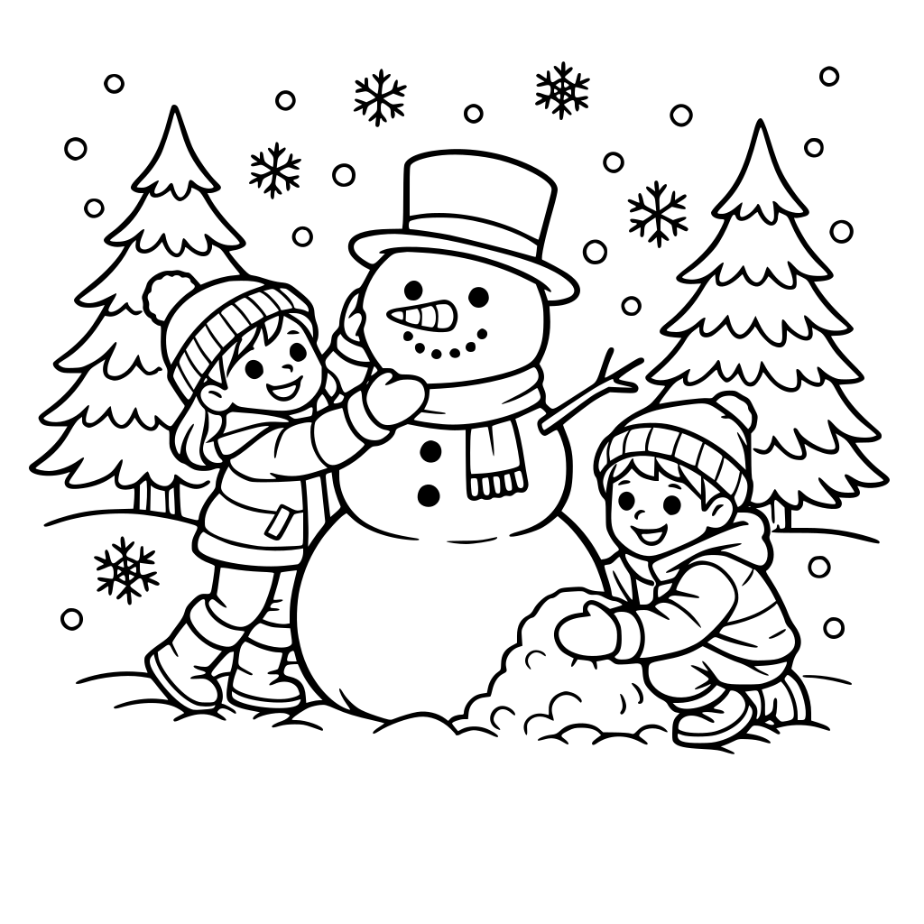 kids building a snowman with falling snowflakes and pine trees in the background.