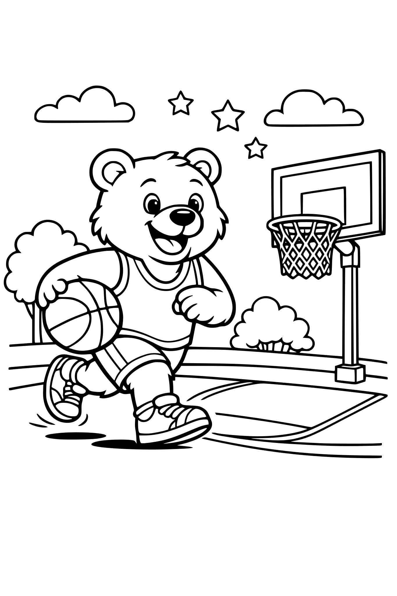 a bear playing basketball on court in park