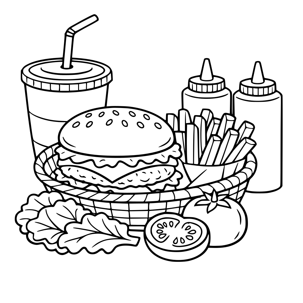 a hamburger in a basket with fries next to a drink, ketchup and mustard, lettuce and a tomato