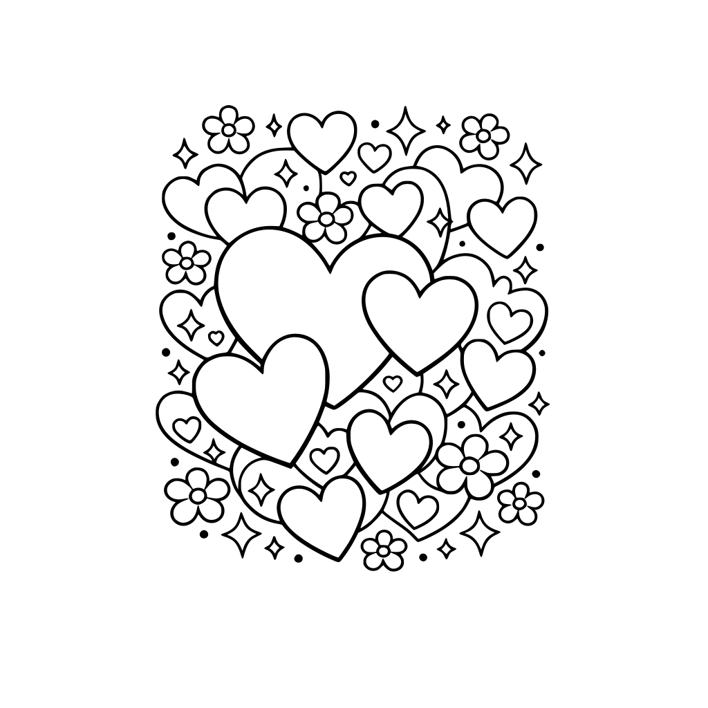 A Valentine’s Day coloring page with many intertwined hearts of different sizes, small flowers, stars and sparkles, cute and romantic composition, simple outlines, child-friendly, calm and sweet mood, black and white line art, white background