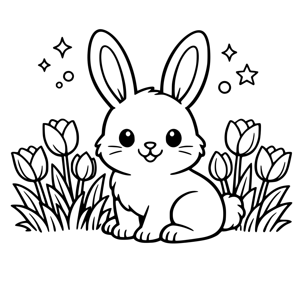 bunny rabbit with grass and tulips