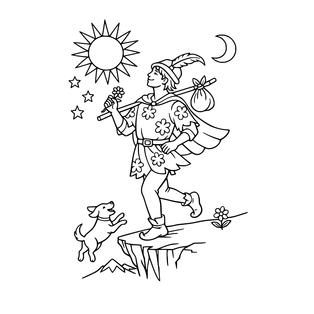 Create a page for a coloring book out of this The Fool tarot image