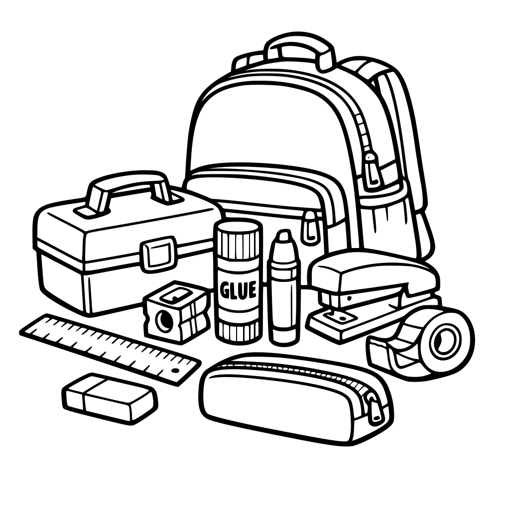 ruler pencil sharpener glue stick marker stapler tape lunch box backpack eraser pencil case