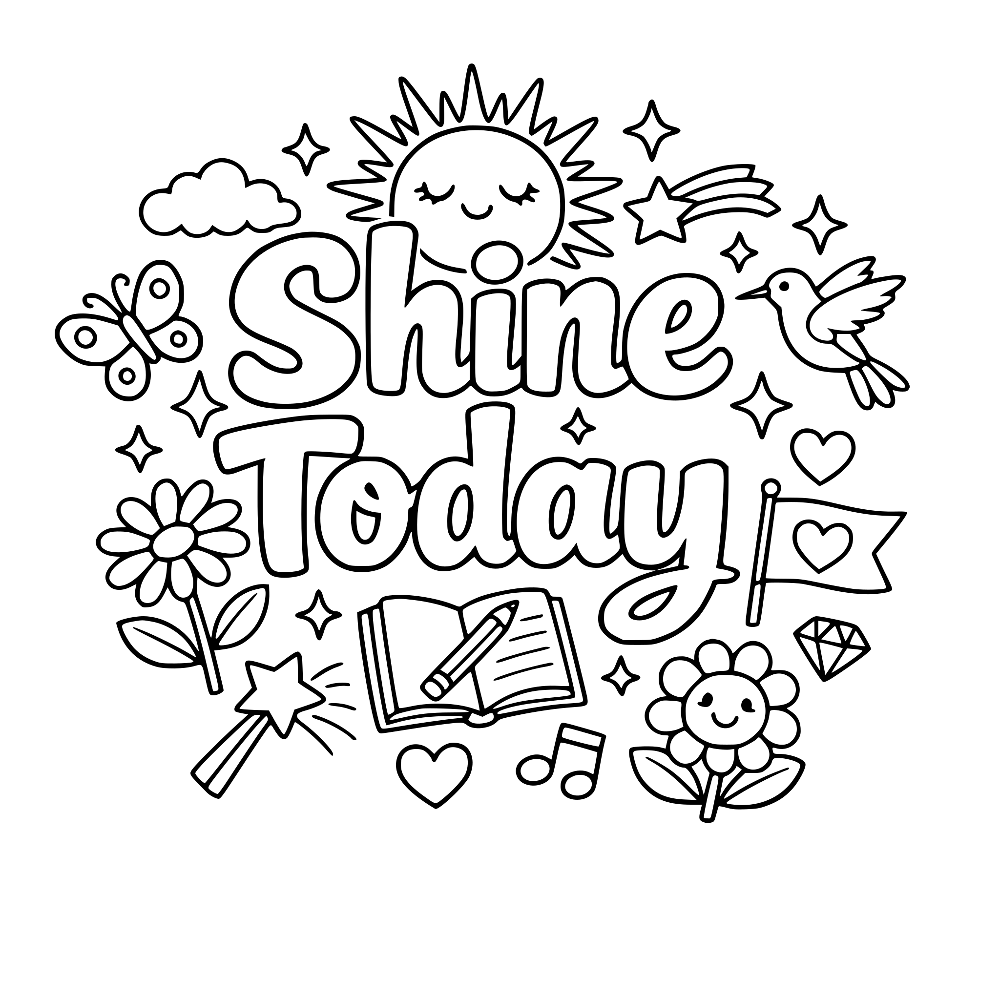 "Shine today" coloring letters with items around the letters that work with the lettering.
