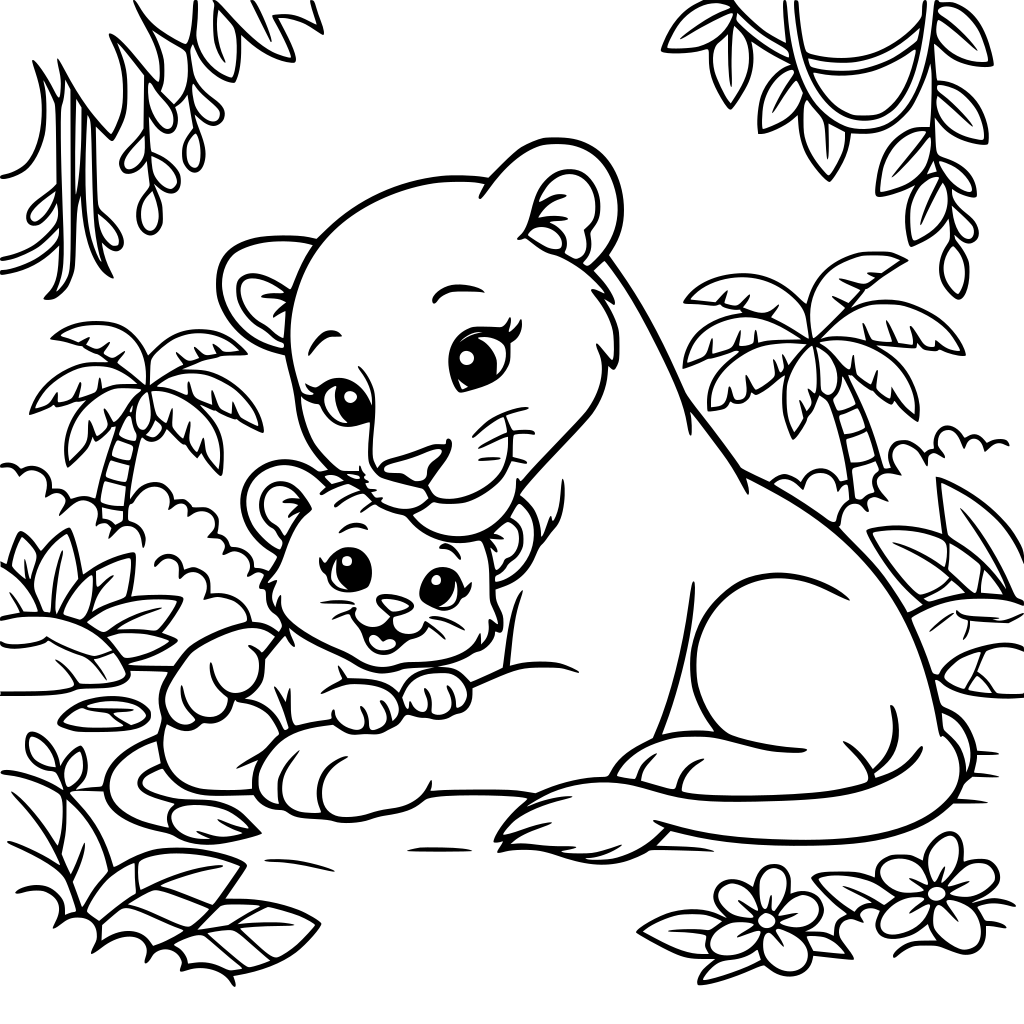 Una leona tierna con su bebé, deben estar en un ambiente selvatico