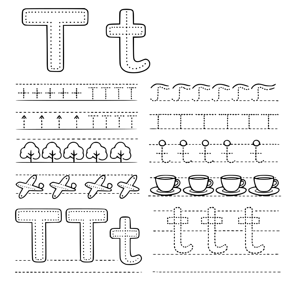 zrób całą listę ćwiczeń do litery T duże i t małe różne ślaczki wykropkowane dzięki którym nauczymy pisać się literkę T i t