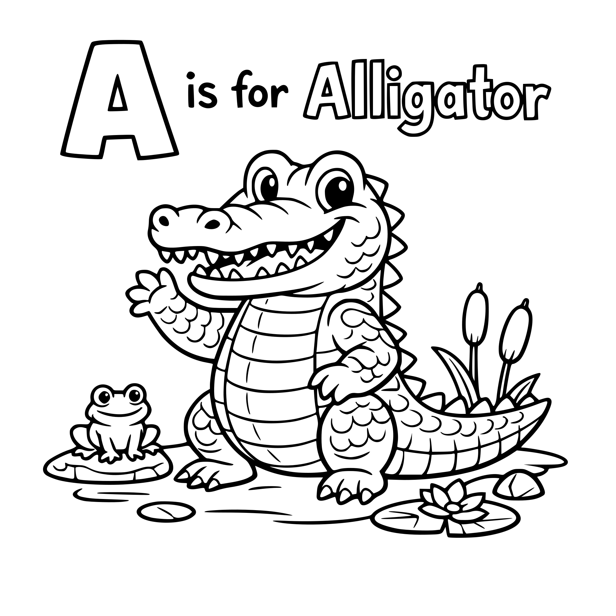 coloring book for kids not too easy and not too hard, of a alligator and I want it to say "A is for Alligator