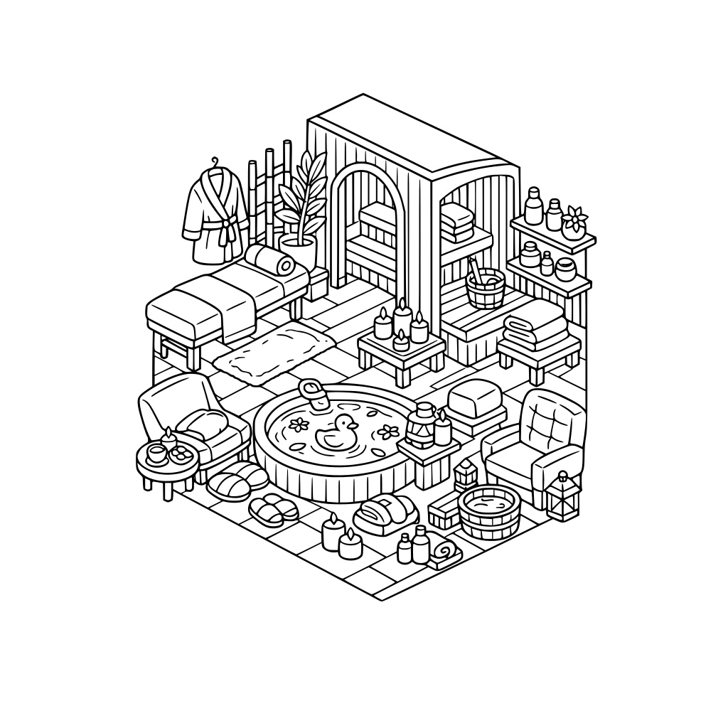 hygge style, cute and cozy, 3d isometric, corner, a day at a luxury spa