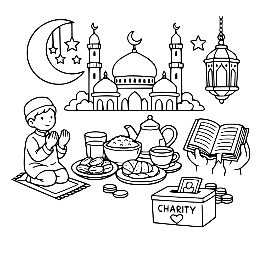 Ramadan Crescent Moon Lantern Mosque Fasting Prayer Iftar Suhoor Charity Dates Quran