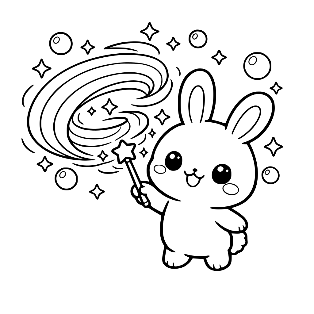 make cartoon kawaii style art of Bunny holding a wand, making a rainbow swirl appear. Rounded rainbow arcs, sparkles, and floating bubbles.