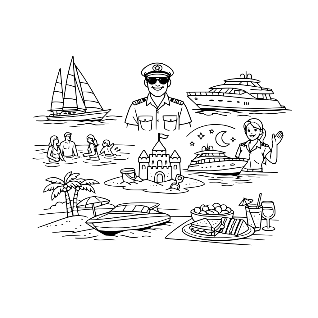 Johnny yachts, Luxury yacht/boat experiences, Captian, Crew, charter, boat, yachts, sailboat with tall sails, swimming at the samd bar with boats around, sand castle, night boat cruises ocean beach day with boat on sand, sandwhiches and drinks on board etc.