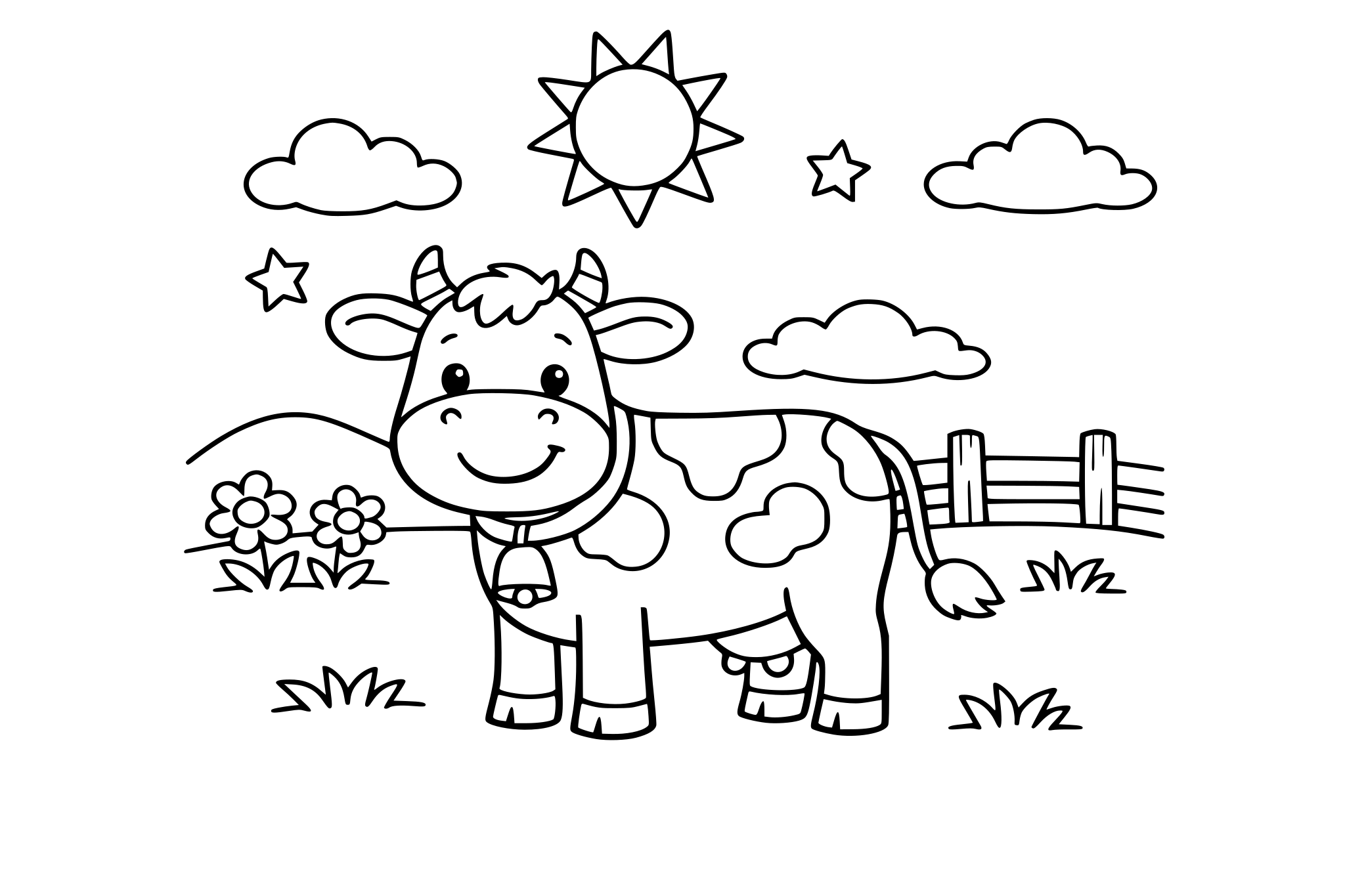 a cute cartoon cow standing in a field, smiling. coloring book style , simple bold outlines ,no shading ,large open spaces for coloring
