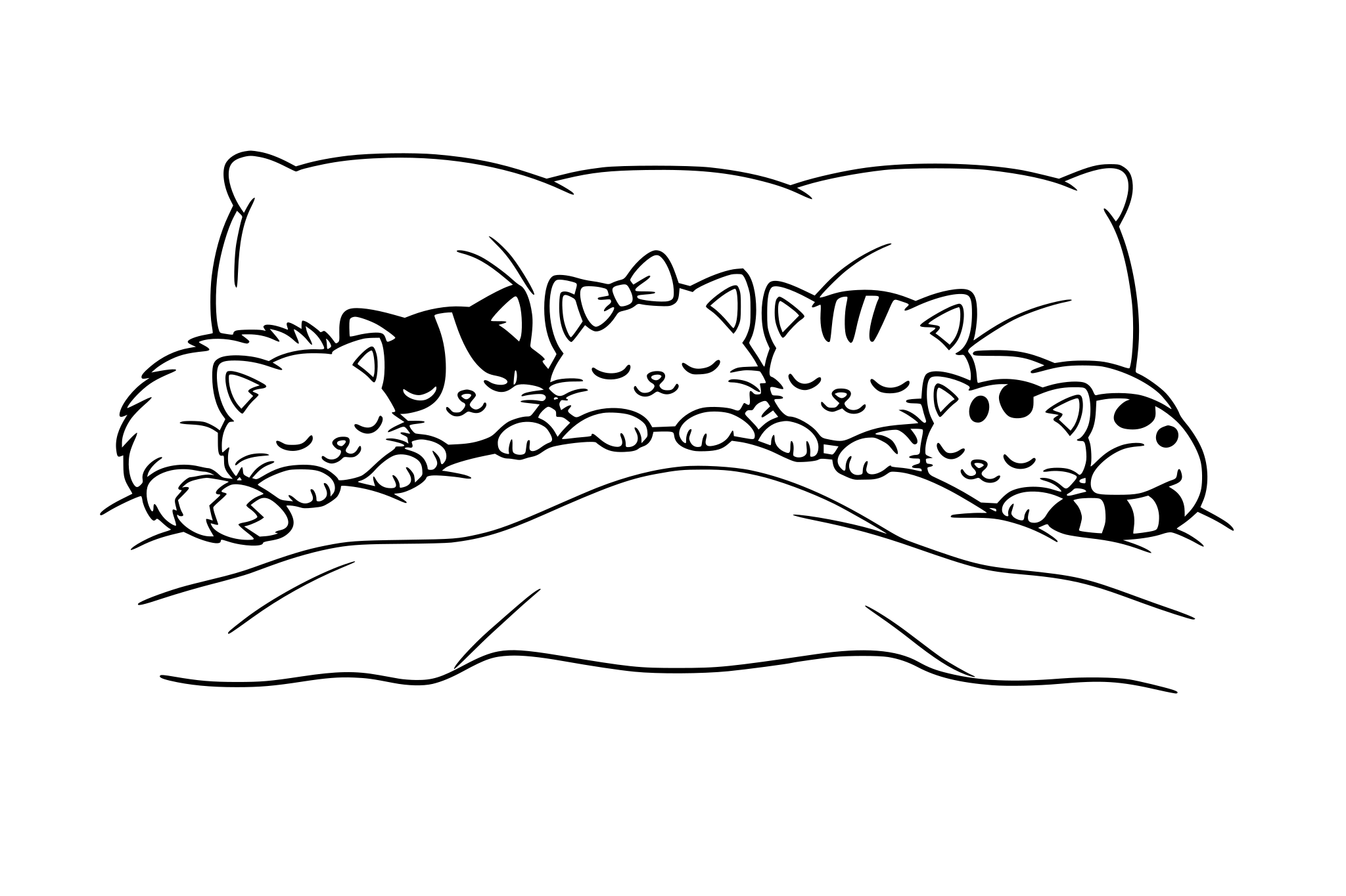 Cinco gatitos durmiendo en una cama