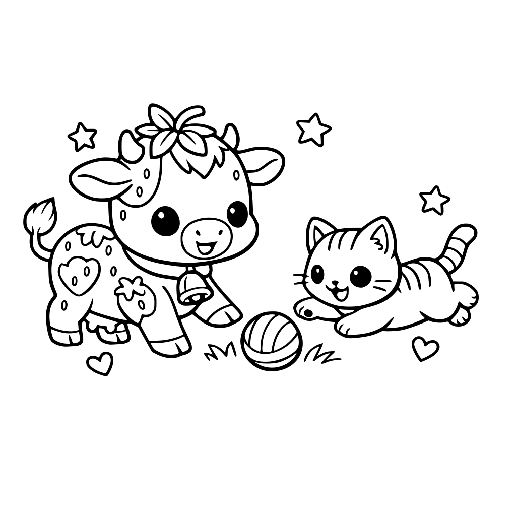 A strawberry cow with a kitten friend playing