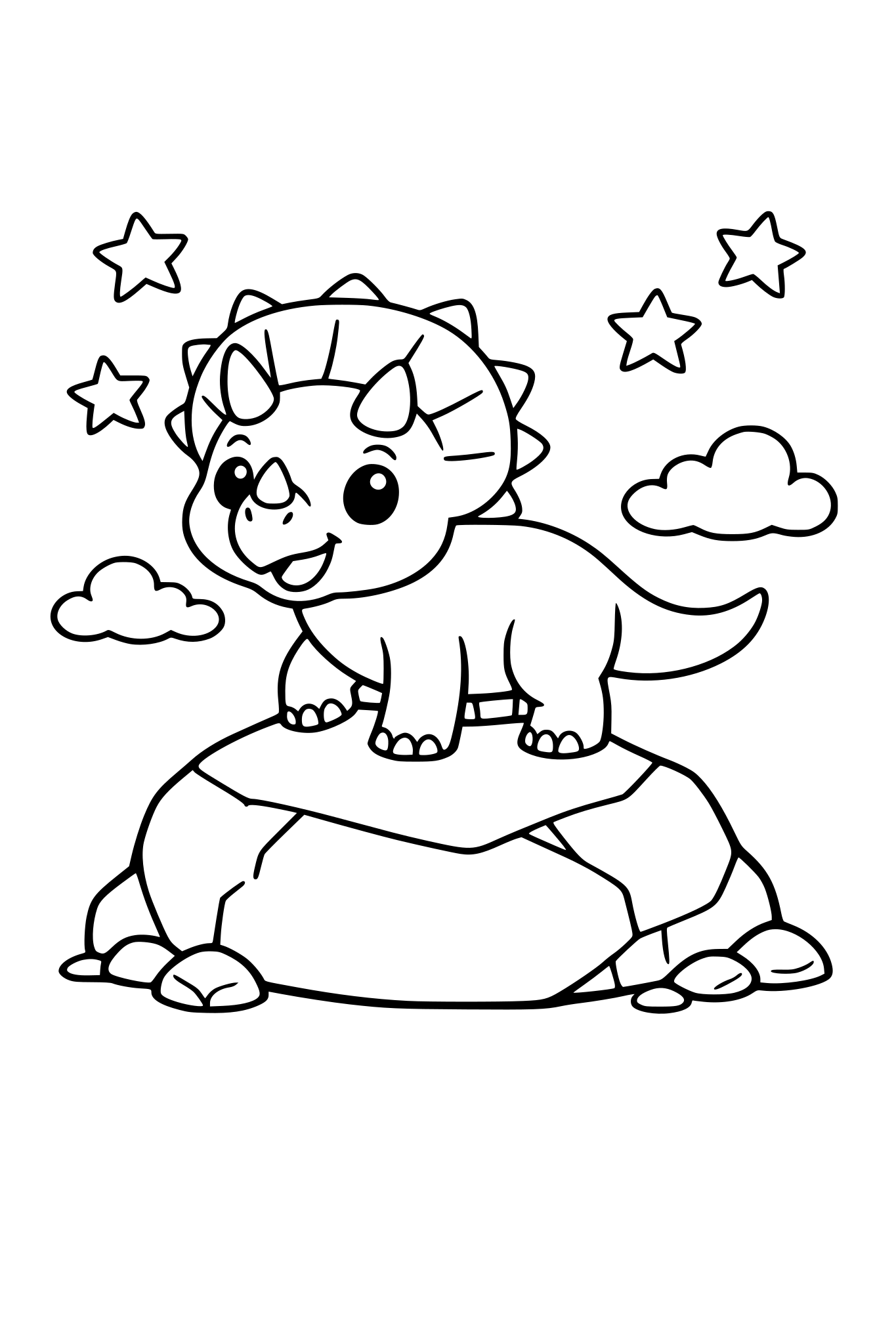 Mały słodki ajkaceratops stoi na dużym kamieniu, obrazek dla małych dzieci, bez szczegółów