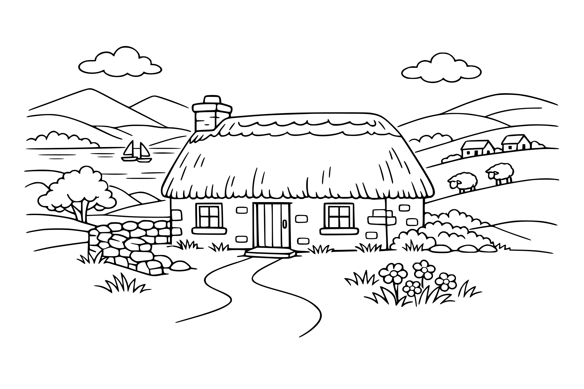 Irish cottage with rolling hills