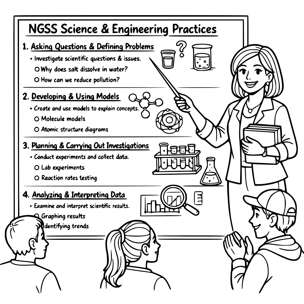 A female chemistry teacher explains the NGSS Science and Engineering Practices to her high school students. She includes the title, a brief explanation, and two chemistry-related examples for each practice. The students love it!