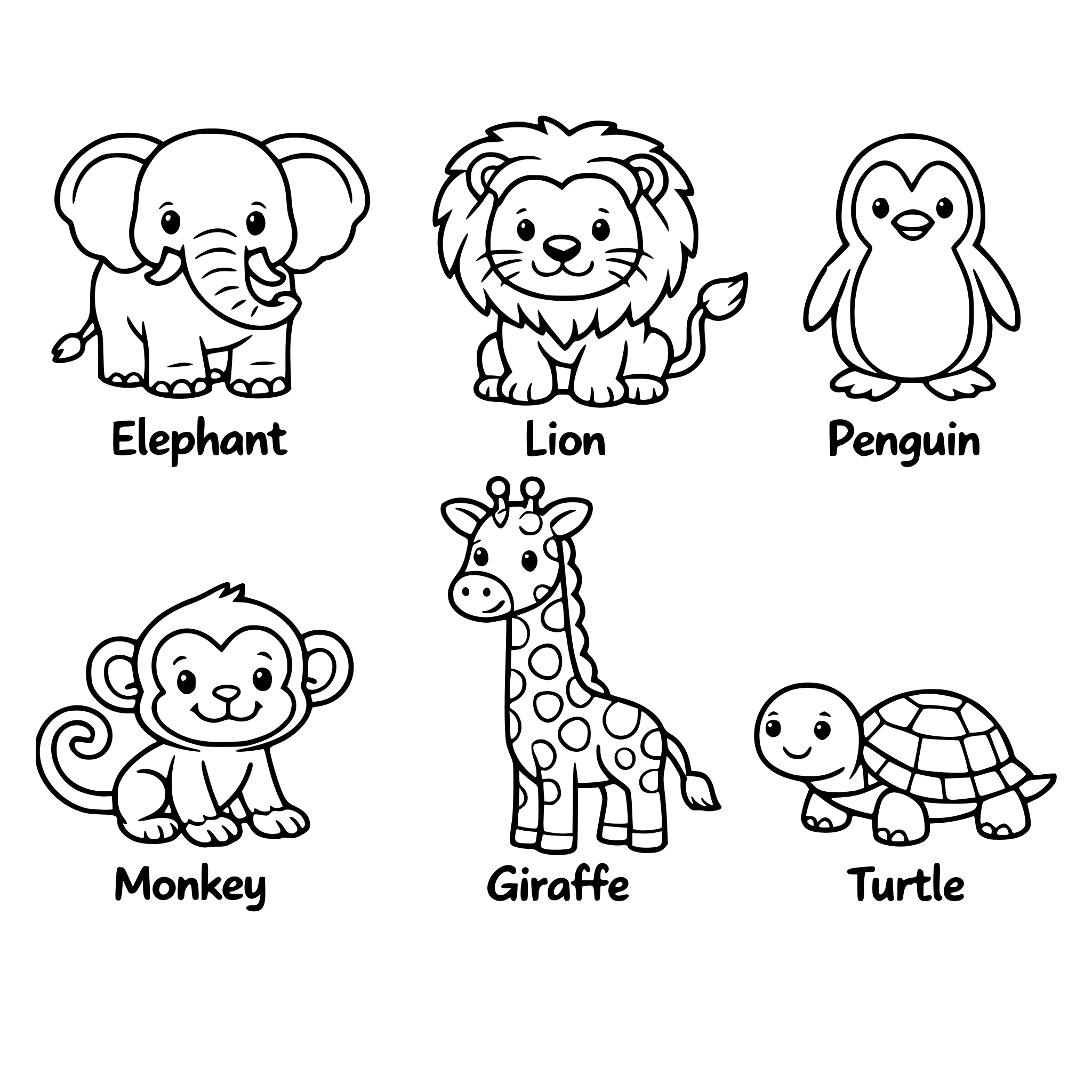 animals coloring book which in picture and names of the animals also
