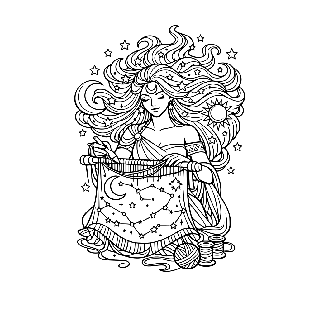 The Moon Weaver: An ethereal woman with hair made of flowing starlight, weaving a tapestry of constellations. Thick black outlines, crisp white negative space, intricate celestial patterns.