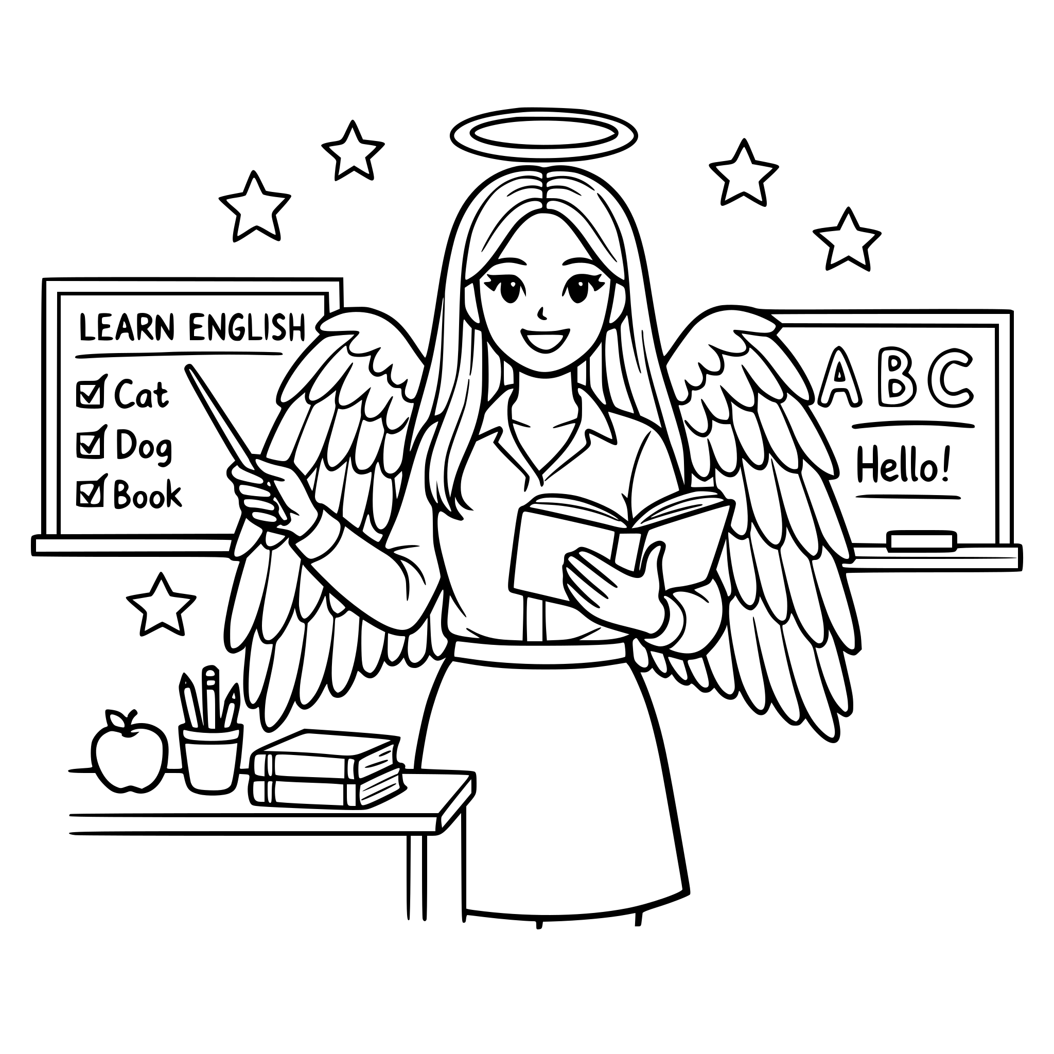English teacher with long straight hair parted in half put a halo and angel wings while teaching inside the classroom teaching english.