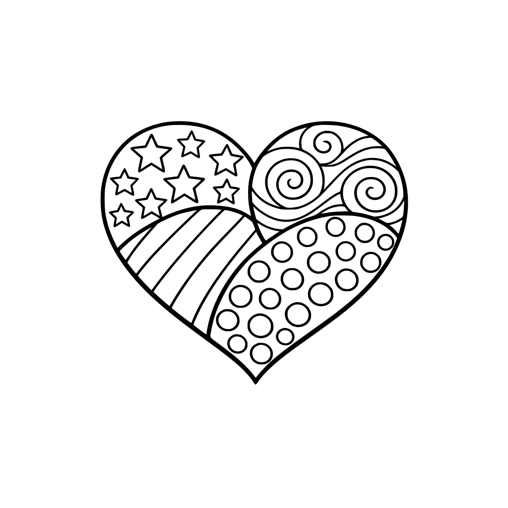 A heart filled with patterns: stars, stripes, dots, and swirls.